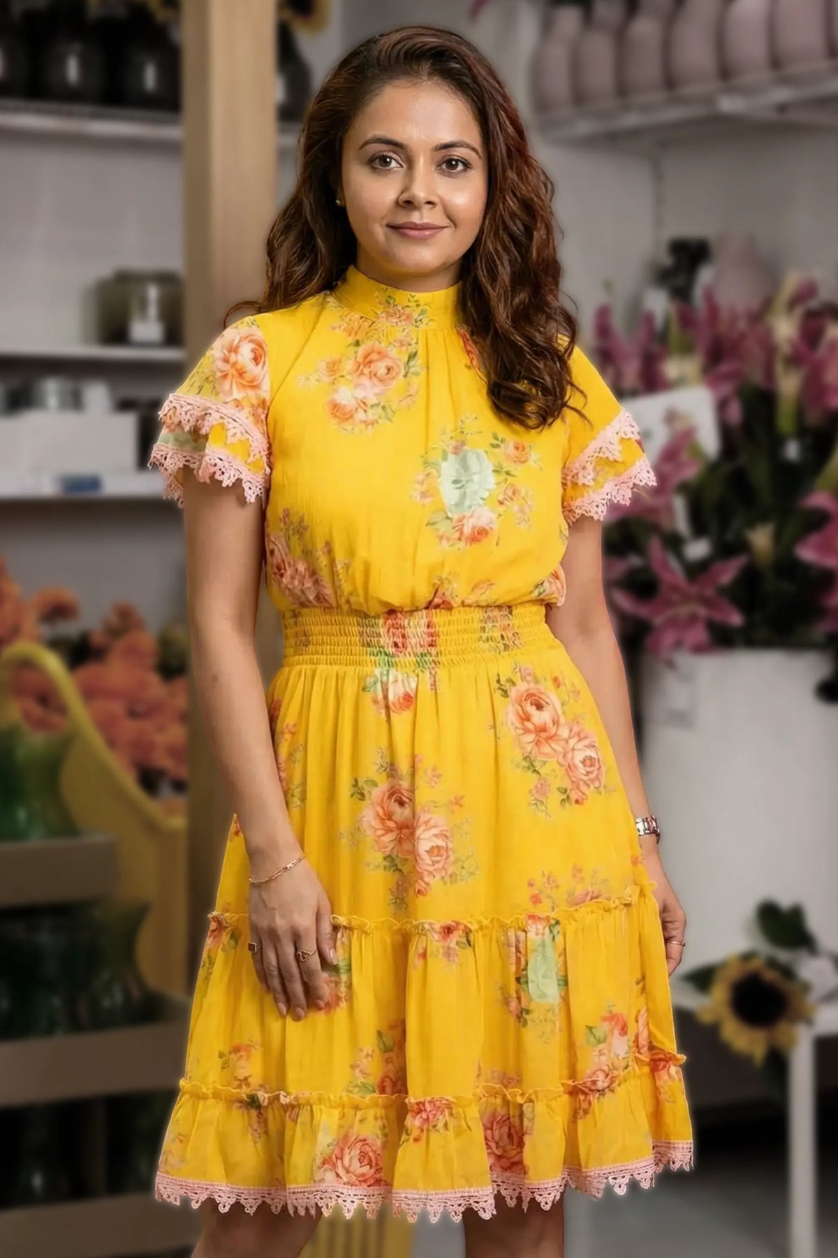 Devoleena Bhattacharjee in sunshine yellow floral mini dress by Pretty Pixie
