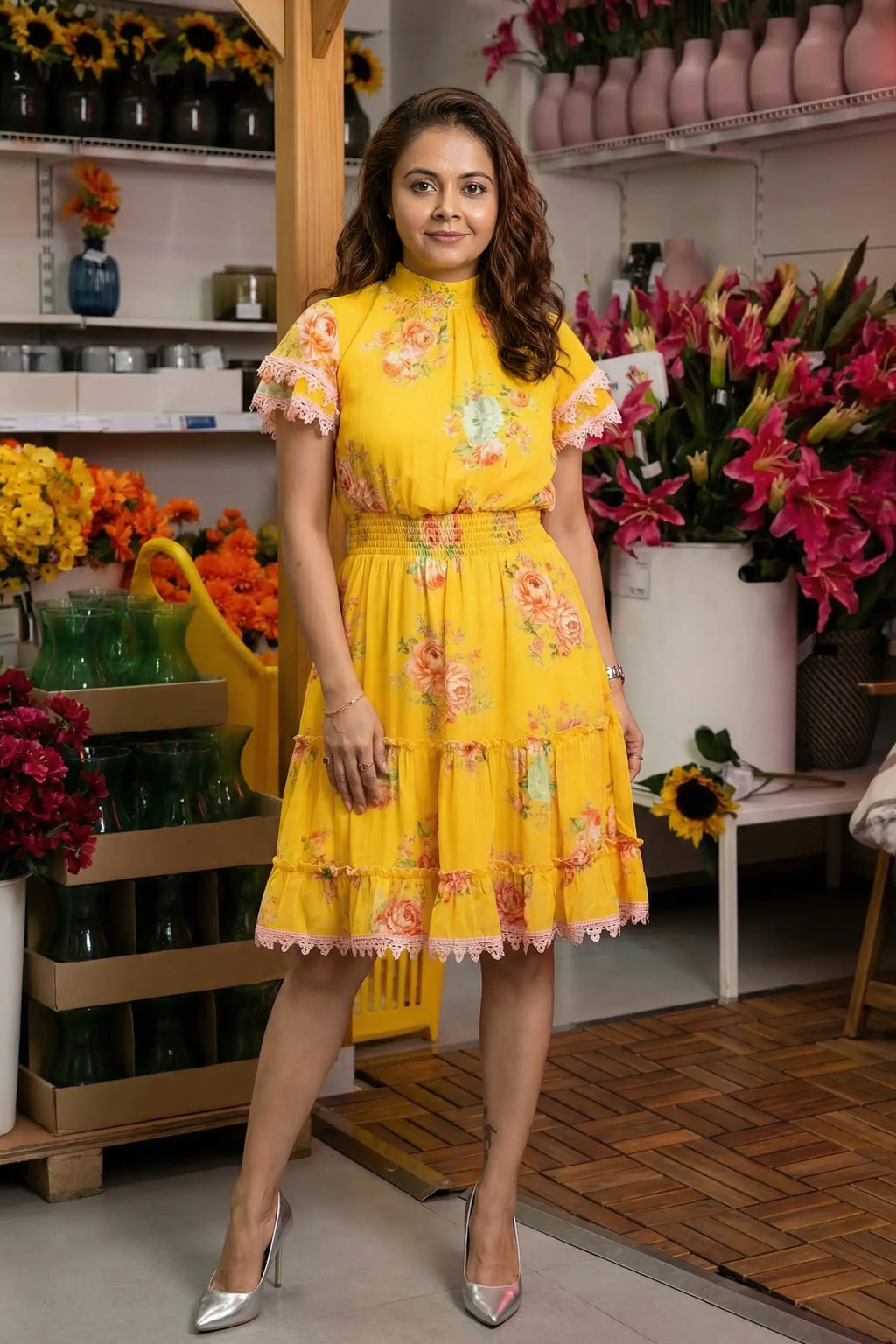 Devoleena Bhattacharjee in sunshine yellow floral mini dress by Pretty Pixie