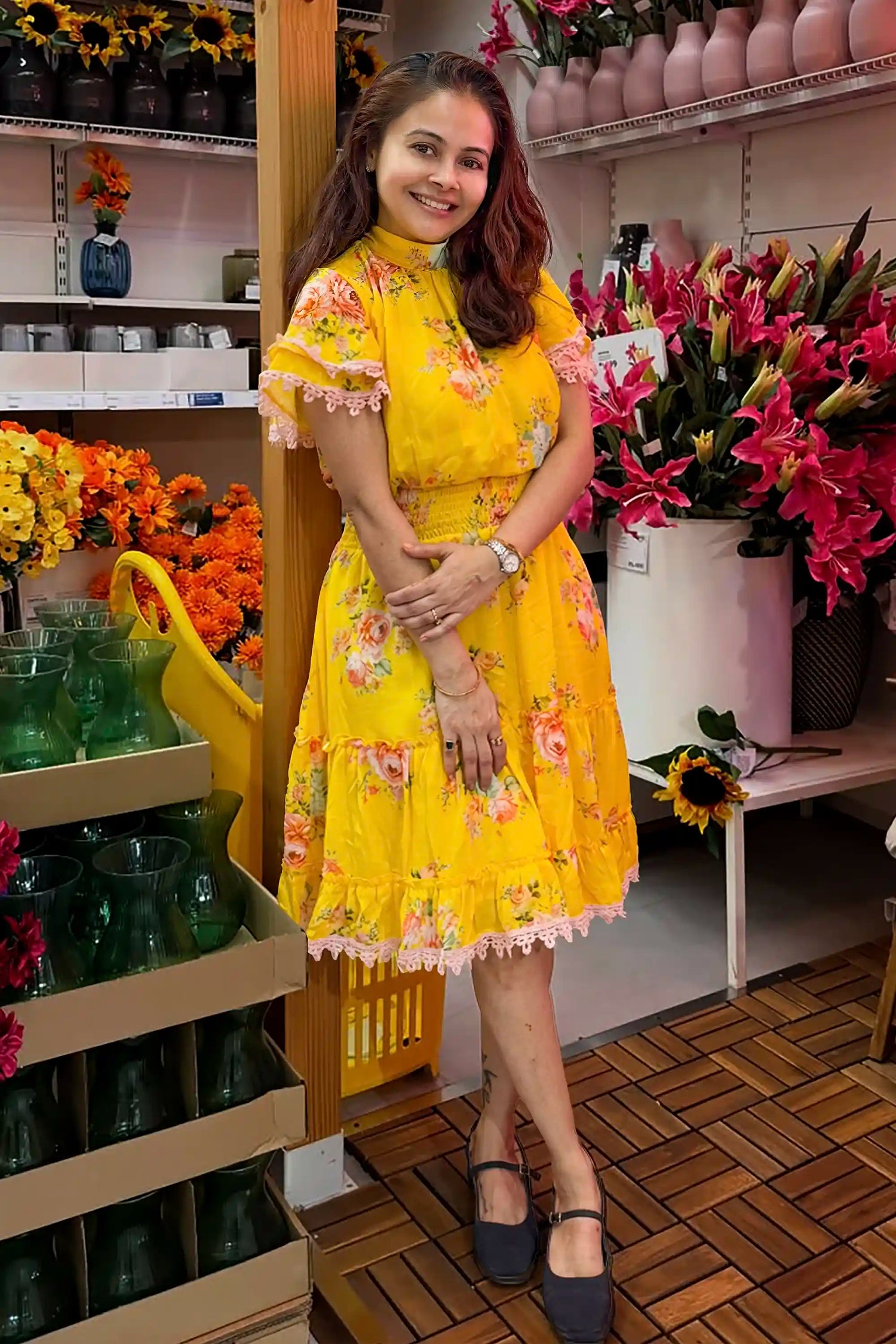 Devoleena Bhattacharjee in sunshine yellow floral mini dress by Pretty Pixie
