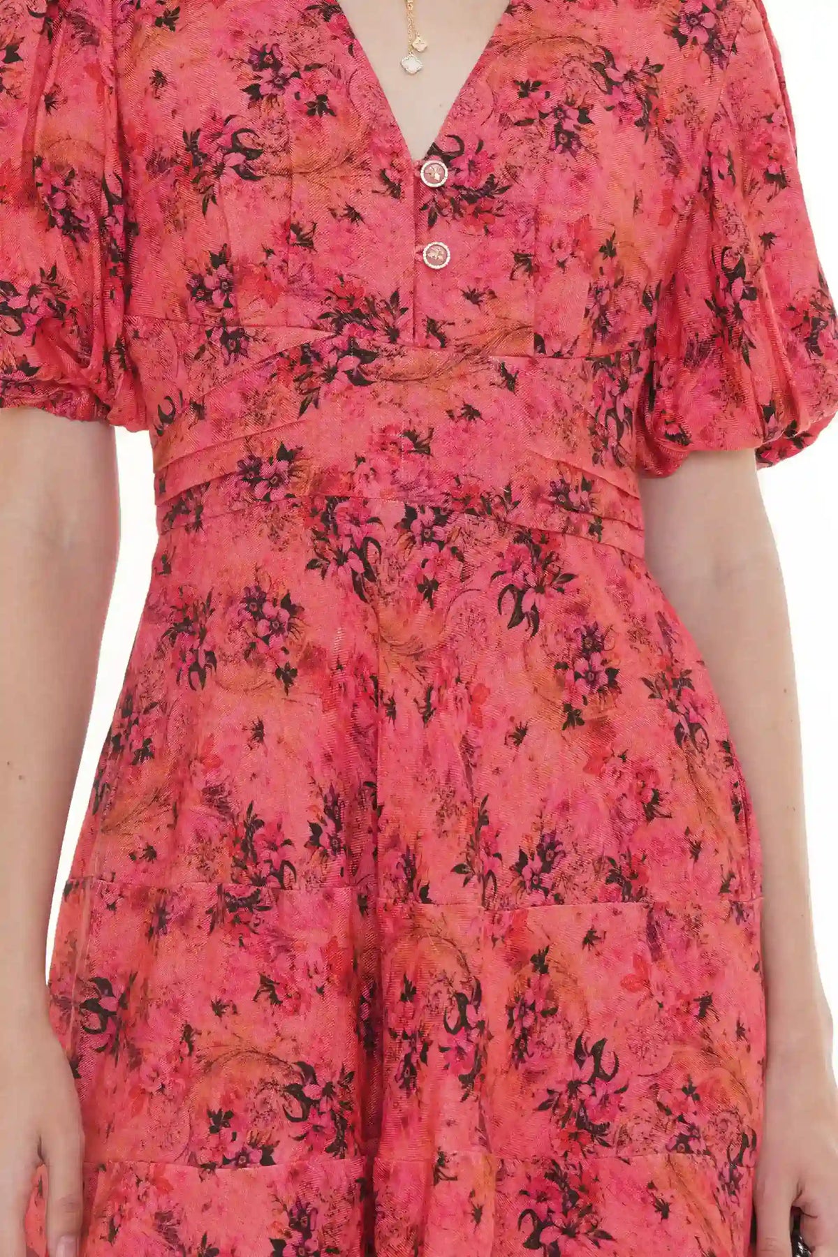 Close-up of Pretty Pixie dusty teal flutter-sleeve belted midi dress