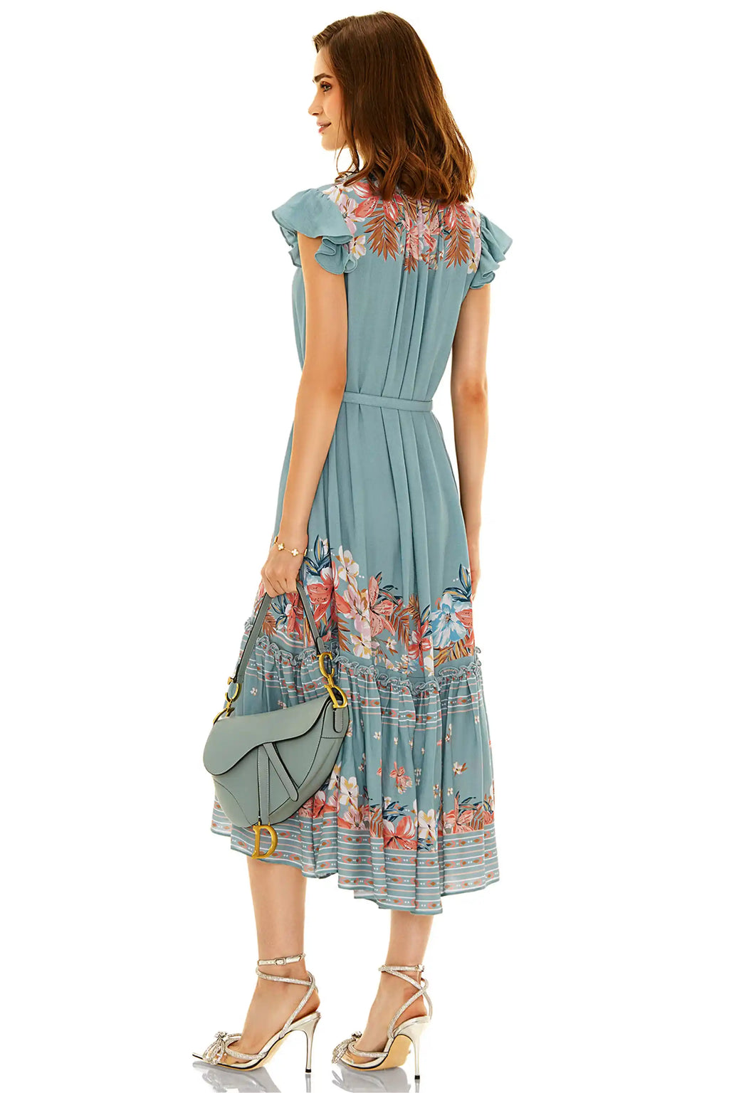 Dusty teal floral ruffle midi dress back view with belt and tiered hem