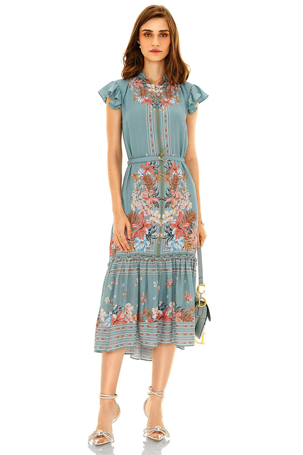 Dusty Teal Flutter-Sleeve Belted Midi Dress — view 2