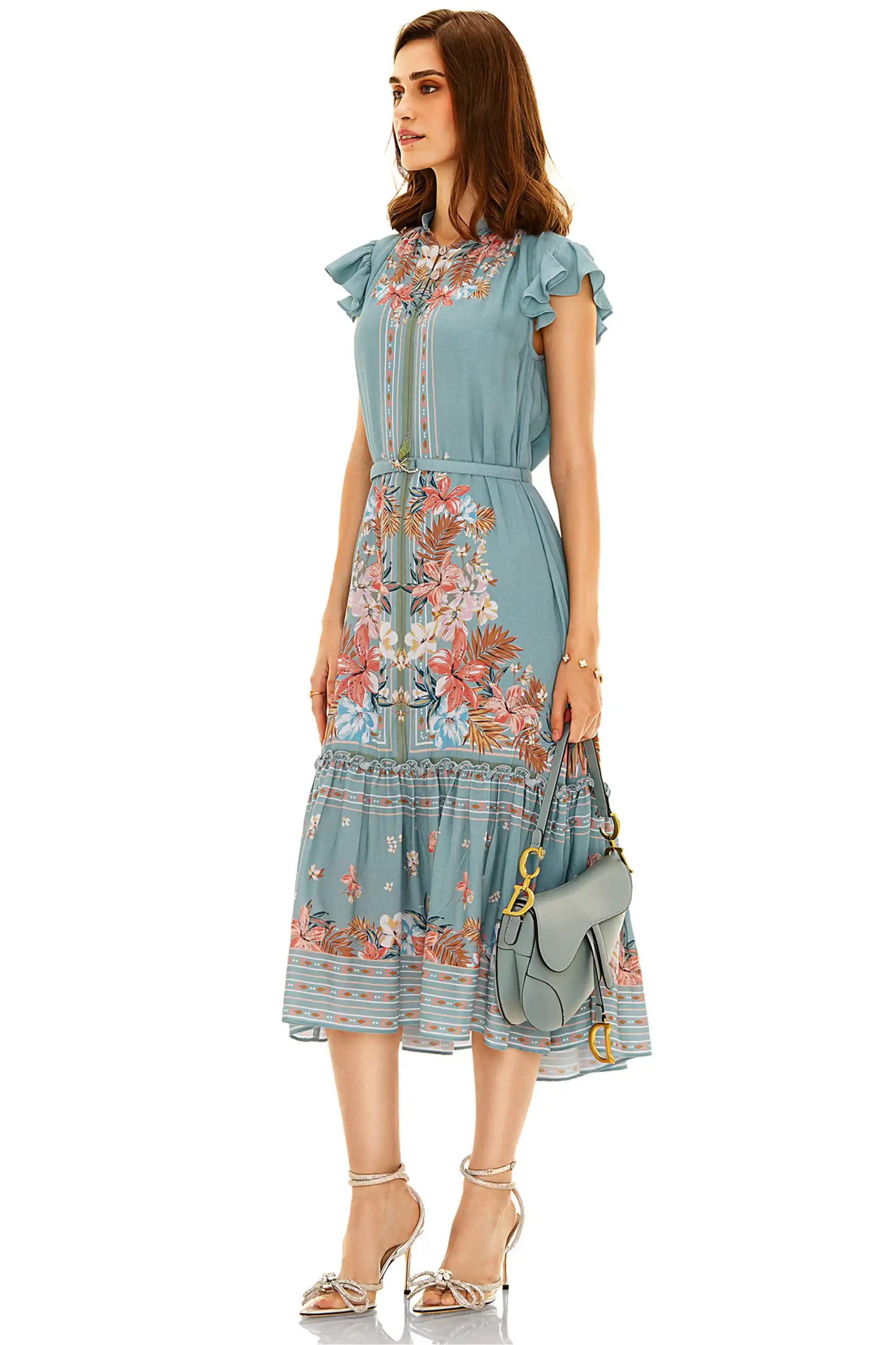 Dusty teal floral ruffle midi dress side view with belt and flutter sleeves