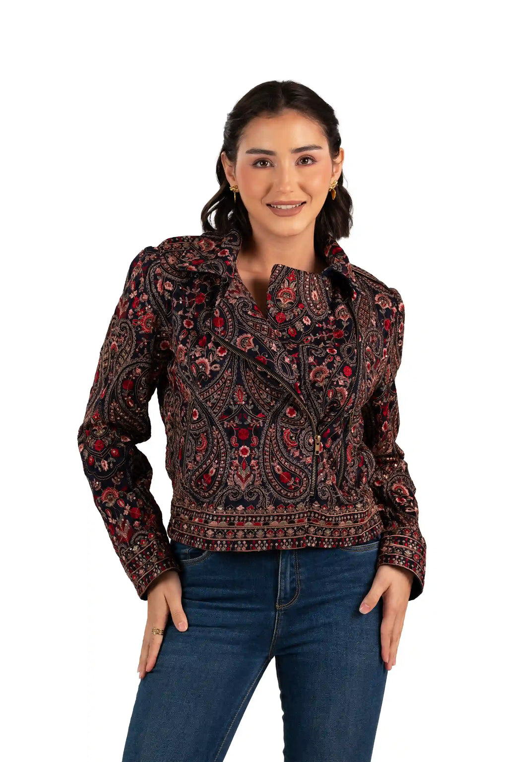 Model wearing a handcrafted embroidered paisley jacket for women by Pretty Pixie, styled with blue jeans – boho chic outerwear from India.