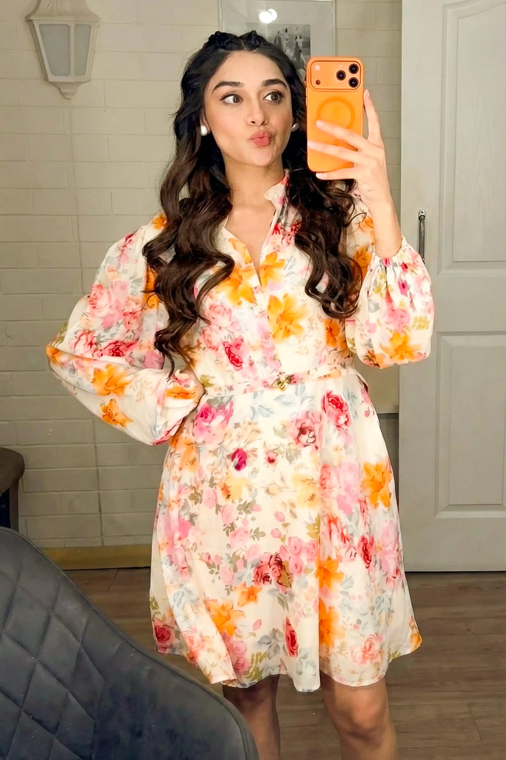 Esha in ivory floral long sleeve mini dress by Pretty Pixie