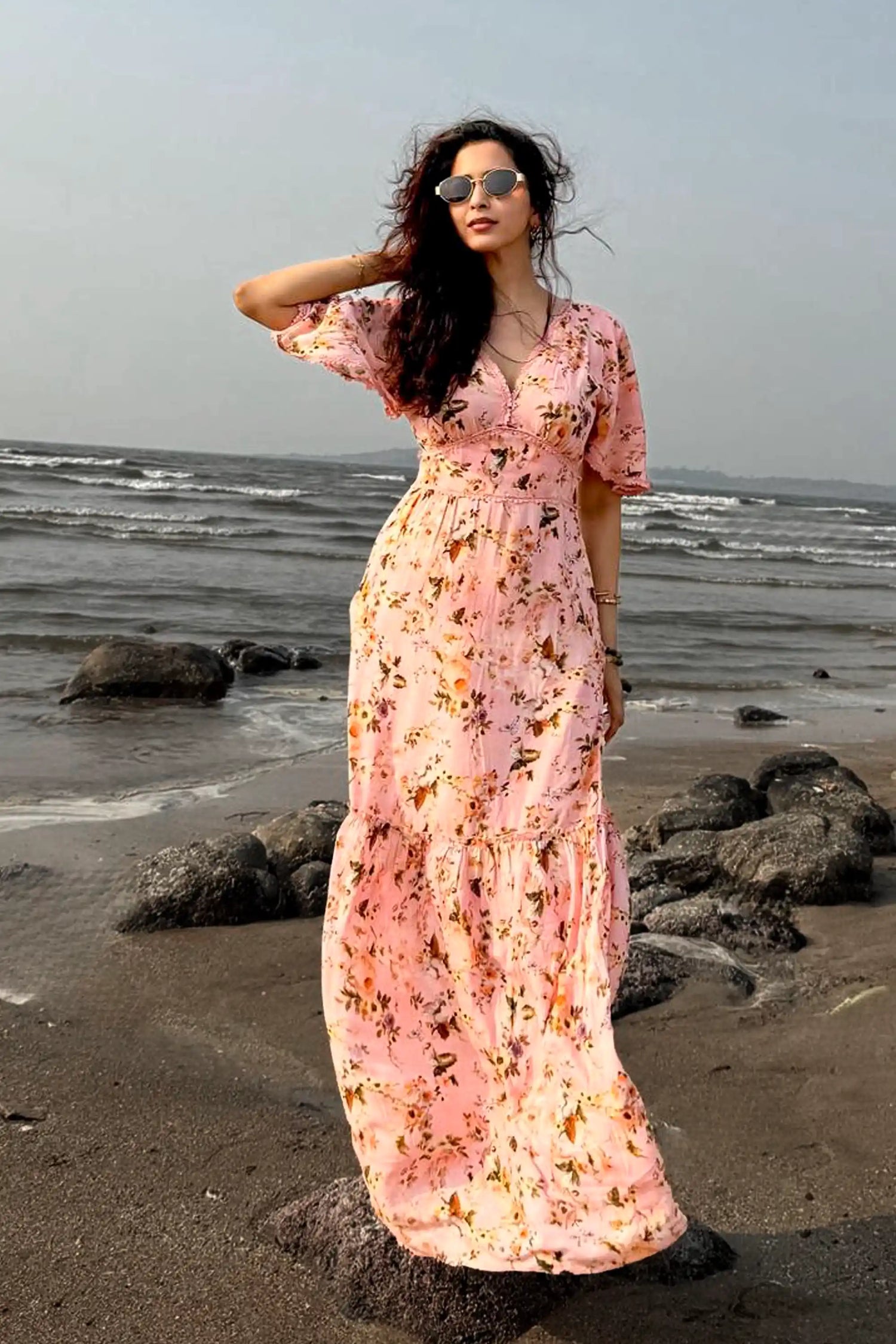 Eshaanya Mmaheshwari in peach floral maxi dress by Pretty Pixie