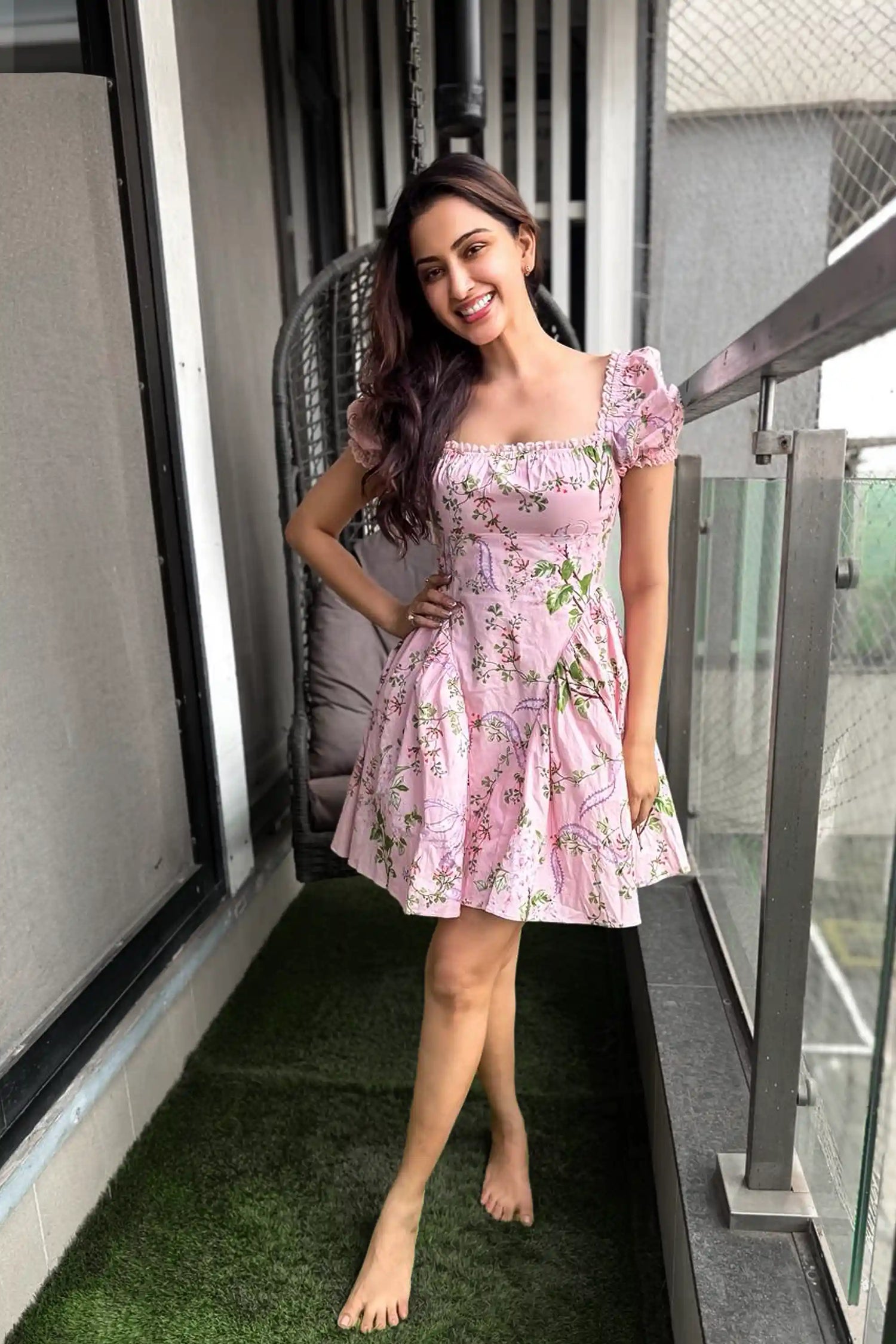 Eshaanya Maheshwari in pink puff sleeve mini dress by Pretty Pixie