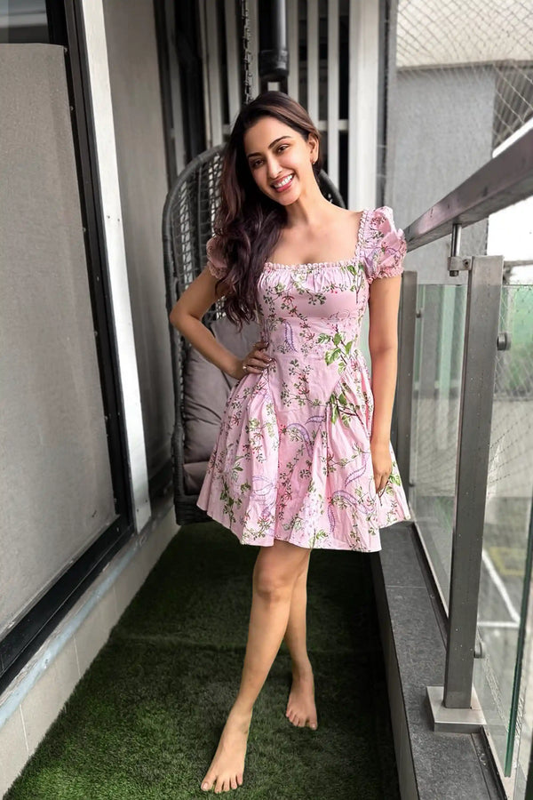 Pink Puff-Sleeve Floral Mini Dress — view 1