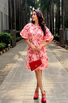 Pink Floral Puff-Sleeve Mini Dress