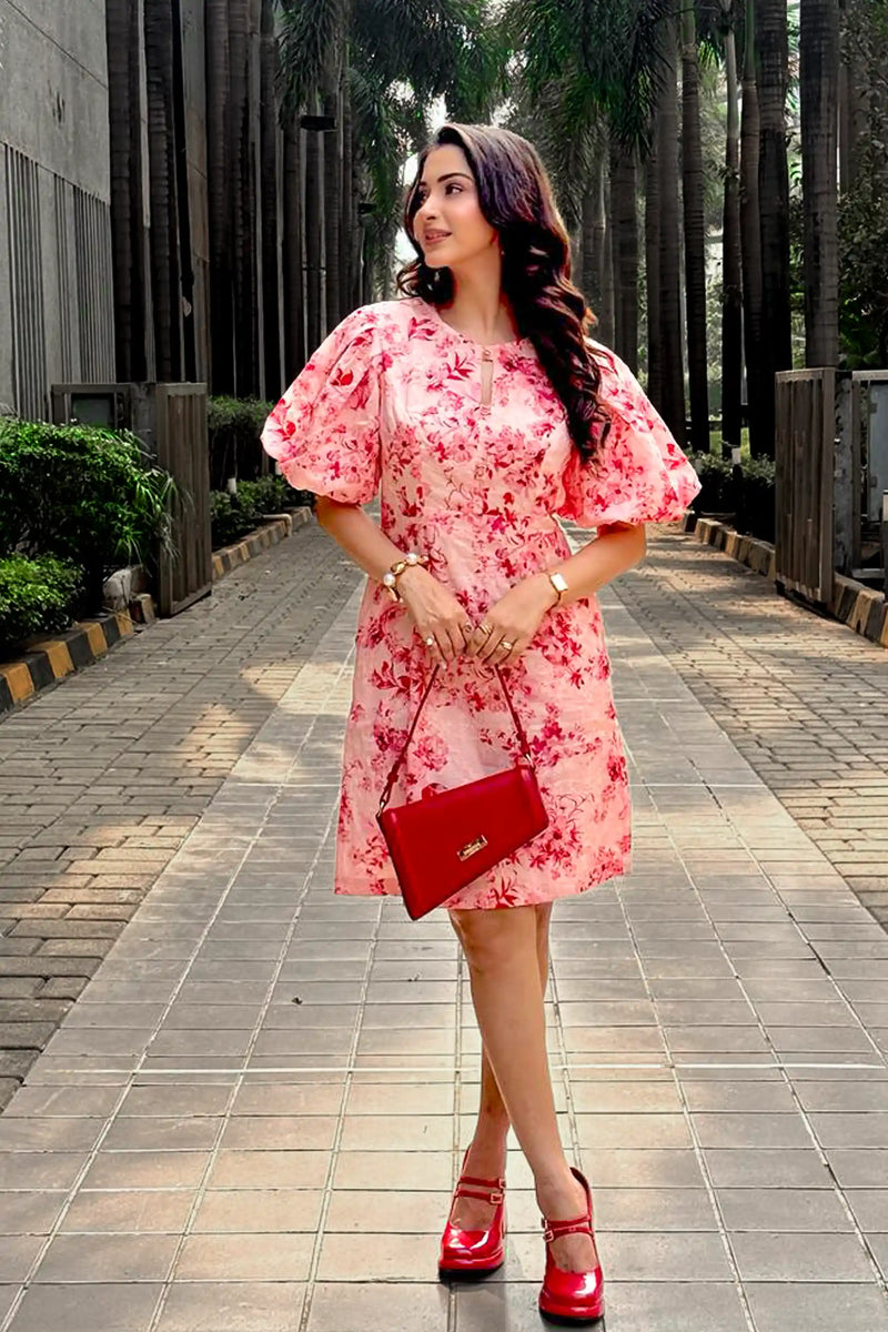 Eshaanya Mmaheshwari in pink floral mini dress by Pretty Pixie