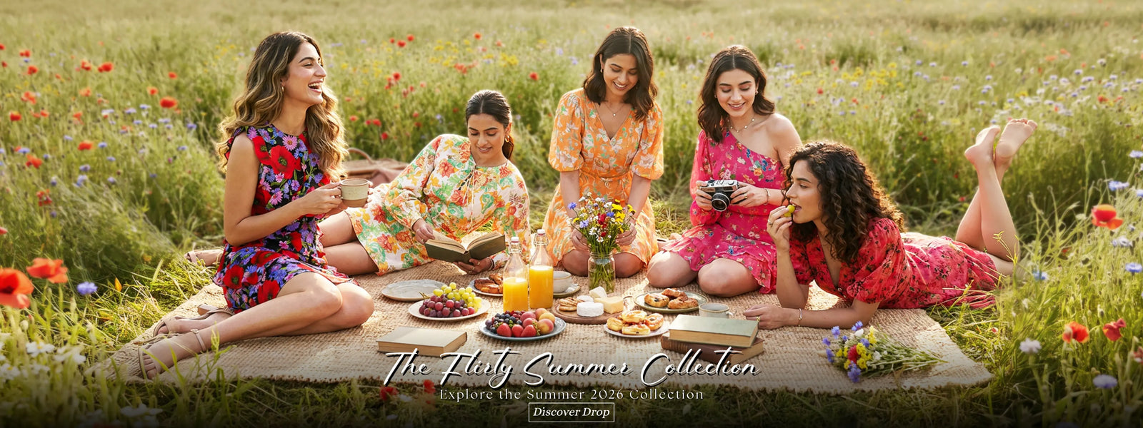 Five women in colorful floral summer dresses at wildflower field picnic with food and drinks