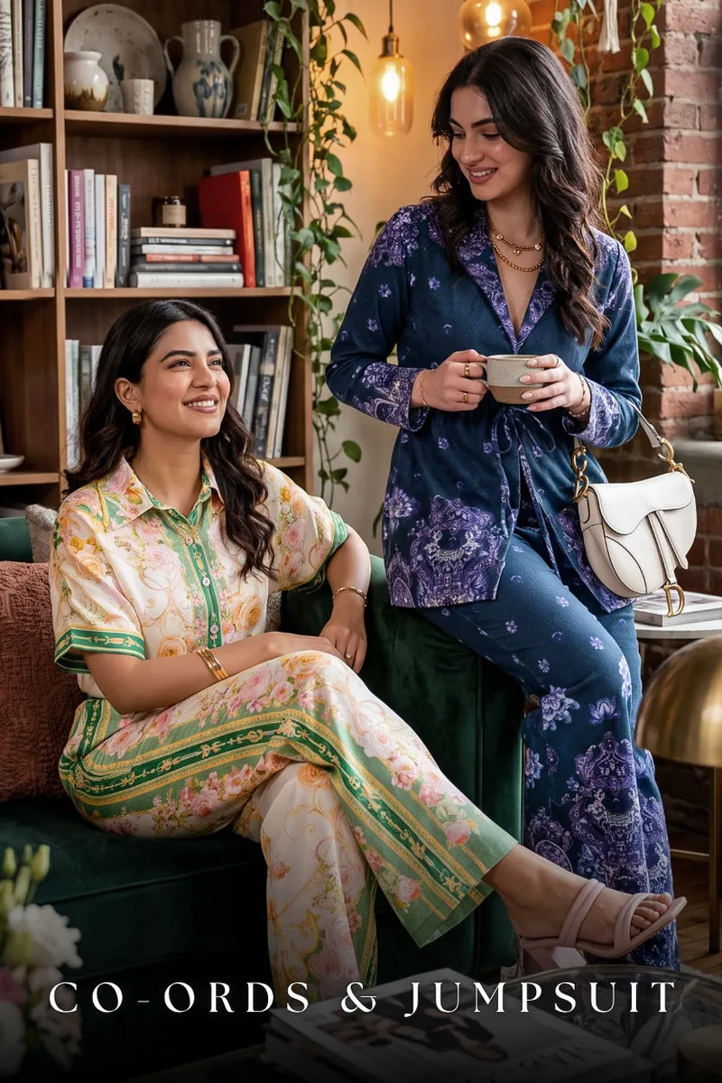 Women wearing floral printed co-ord set and navy blue botanical jumpsuit with puff sleeves in home setting; casual and workwear co-ordinates for women