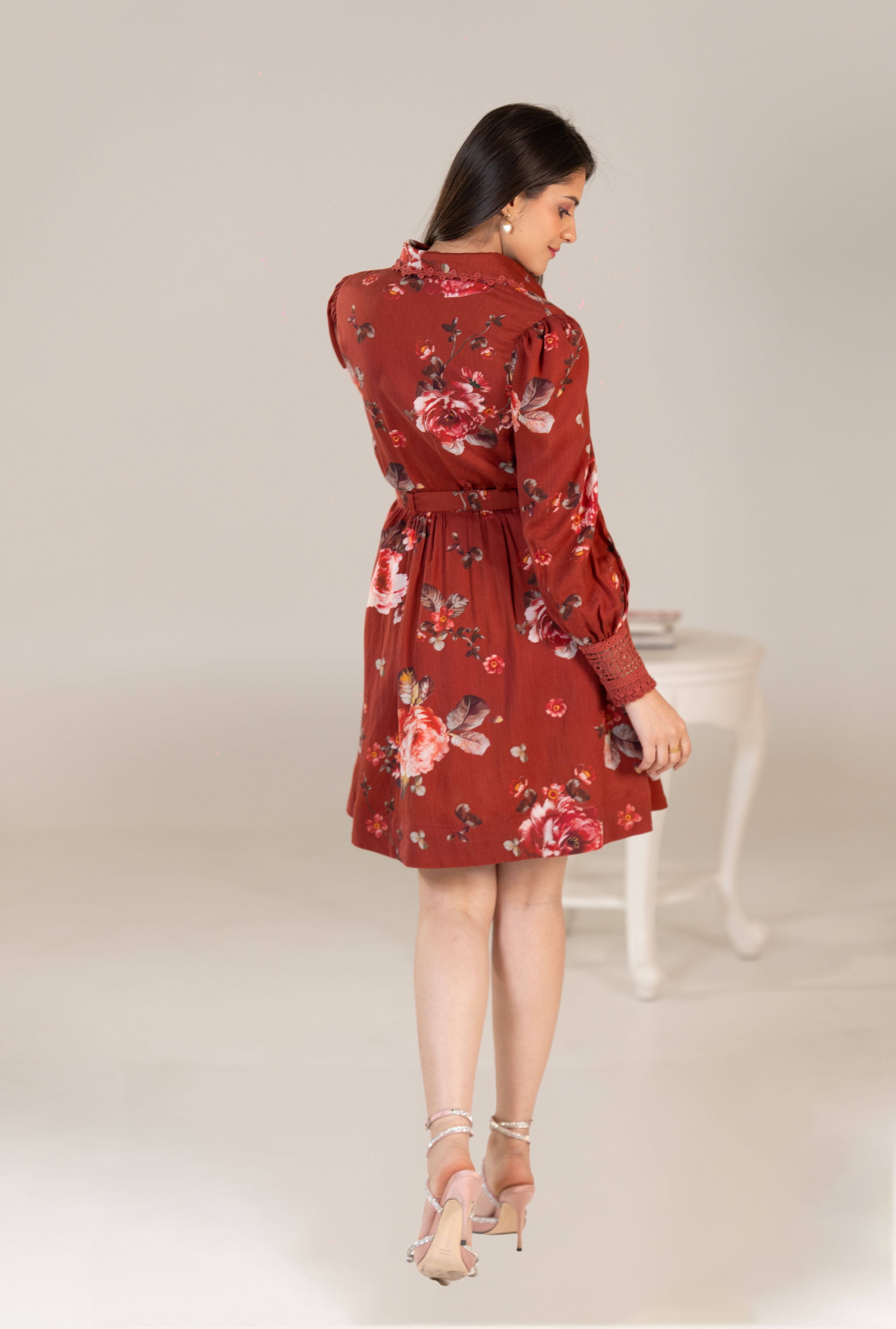 Pretty Pixie Floral Dress in Rust with Long Sleeves and Adjustable Waist for Stylish Comfort