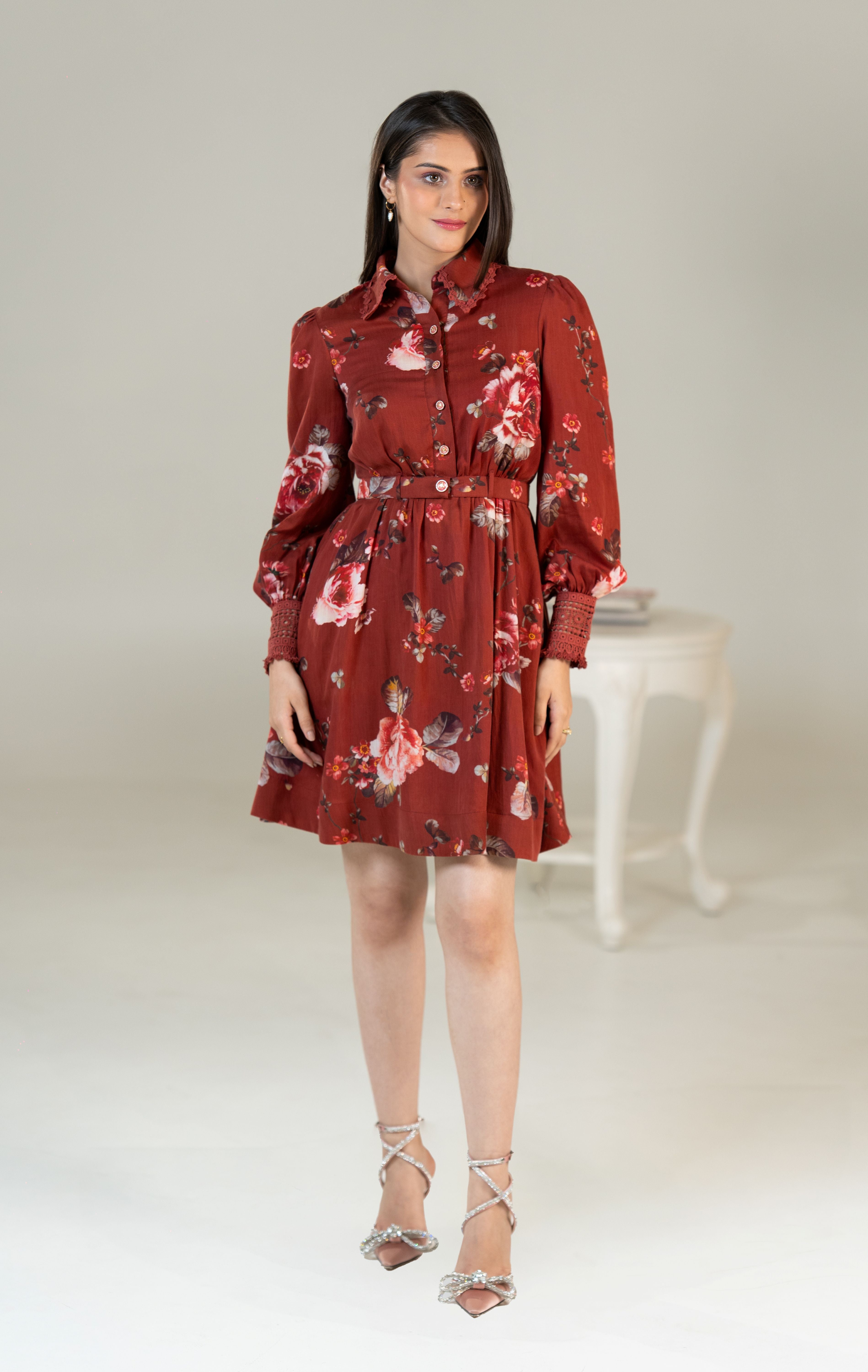 Pretty Pixie Floral Print Dress in Rust with Puff Sleeves and Button Details for Stylish Outings