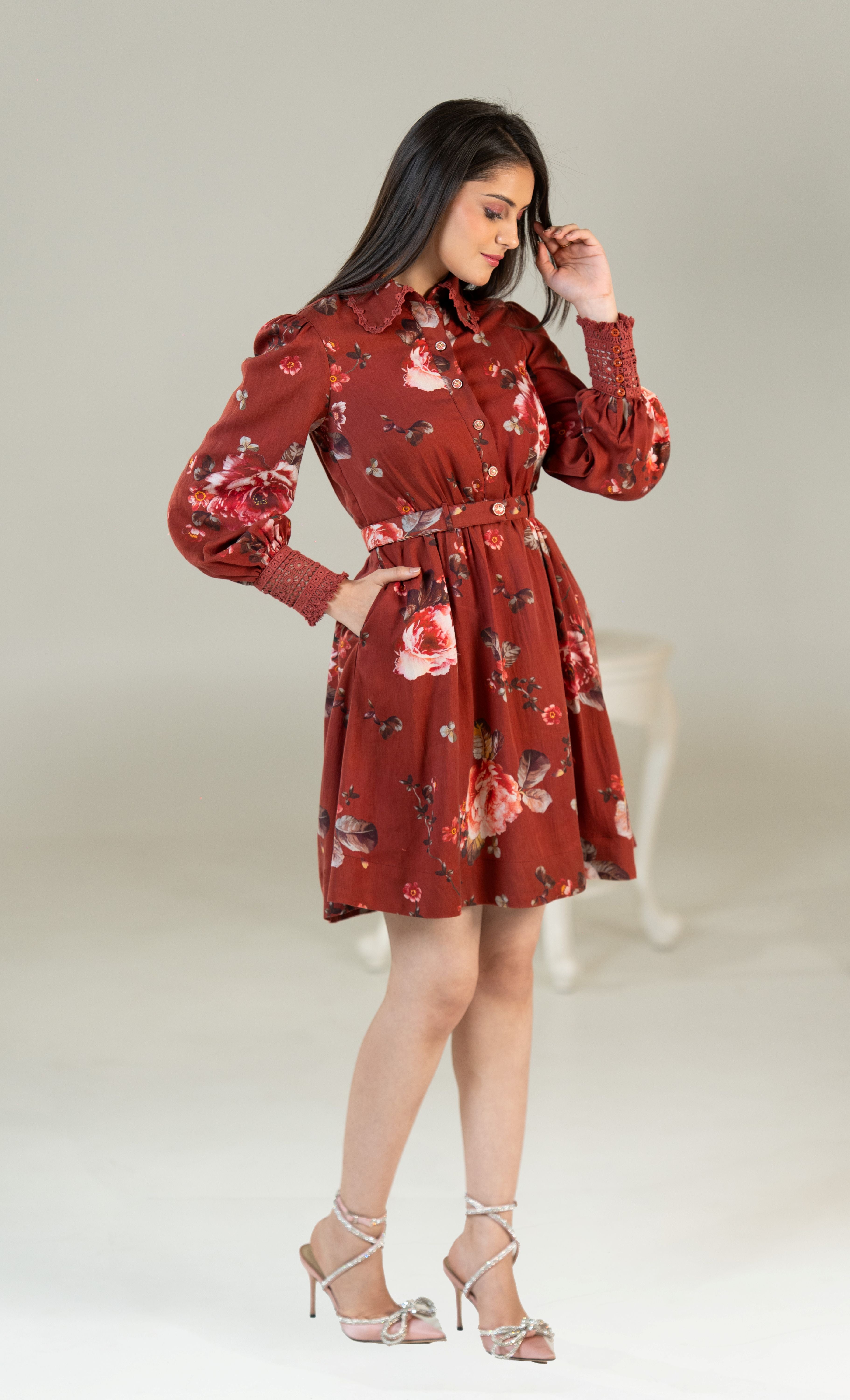 Pretty Pixie floral-print dress in rust color with a cinched waist and puff sleeves, perfect for casual outings