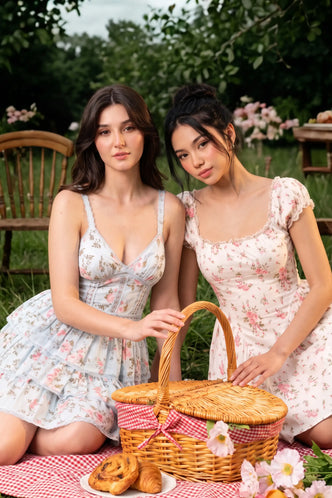 Women wearing organic cotton floral mini dresses with lace trim at garden picnic; pink blush feminine dresses with basket and flowers