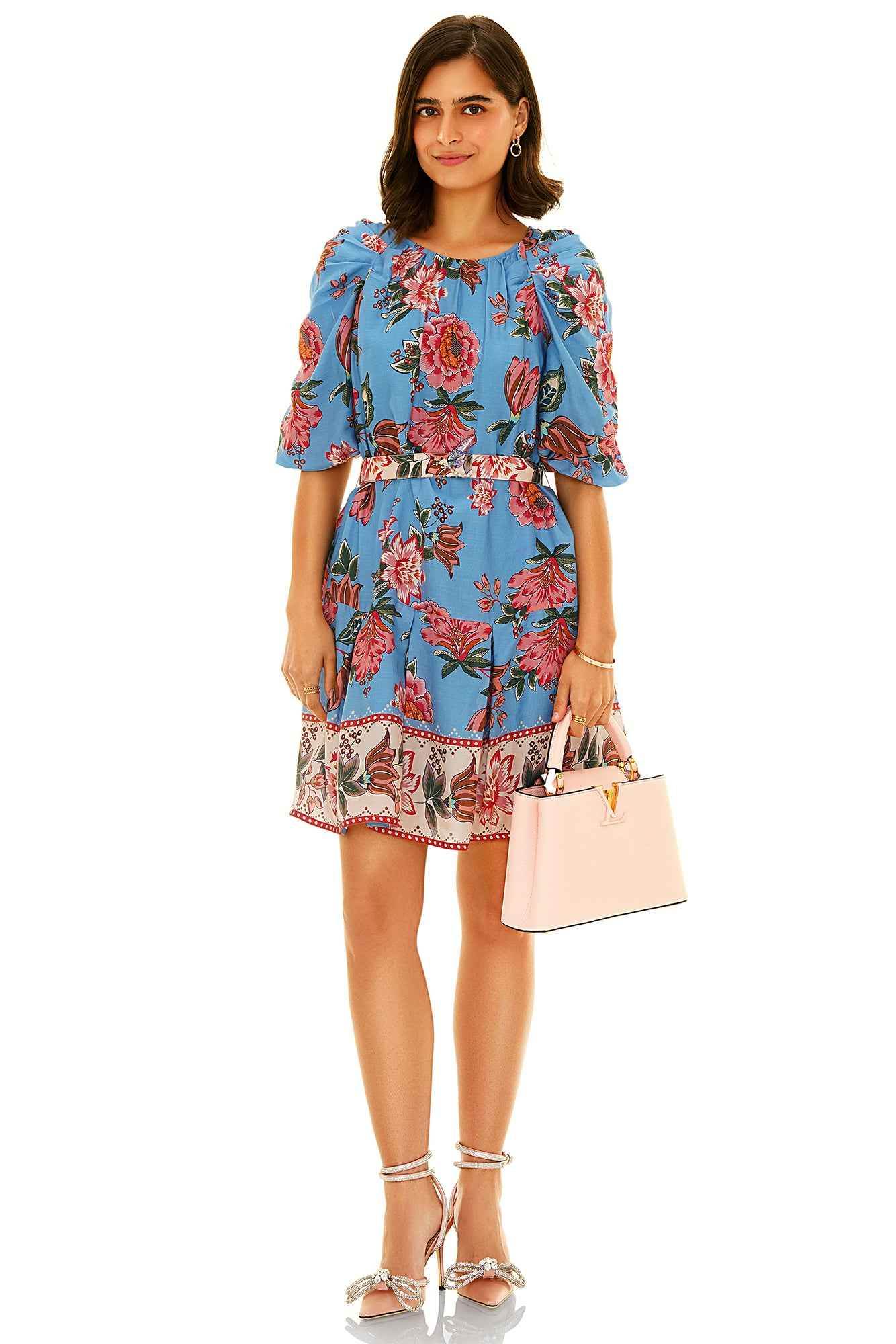 Pretty Pixie floral organic cotton dress in blue with puff sleeves and floral print