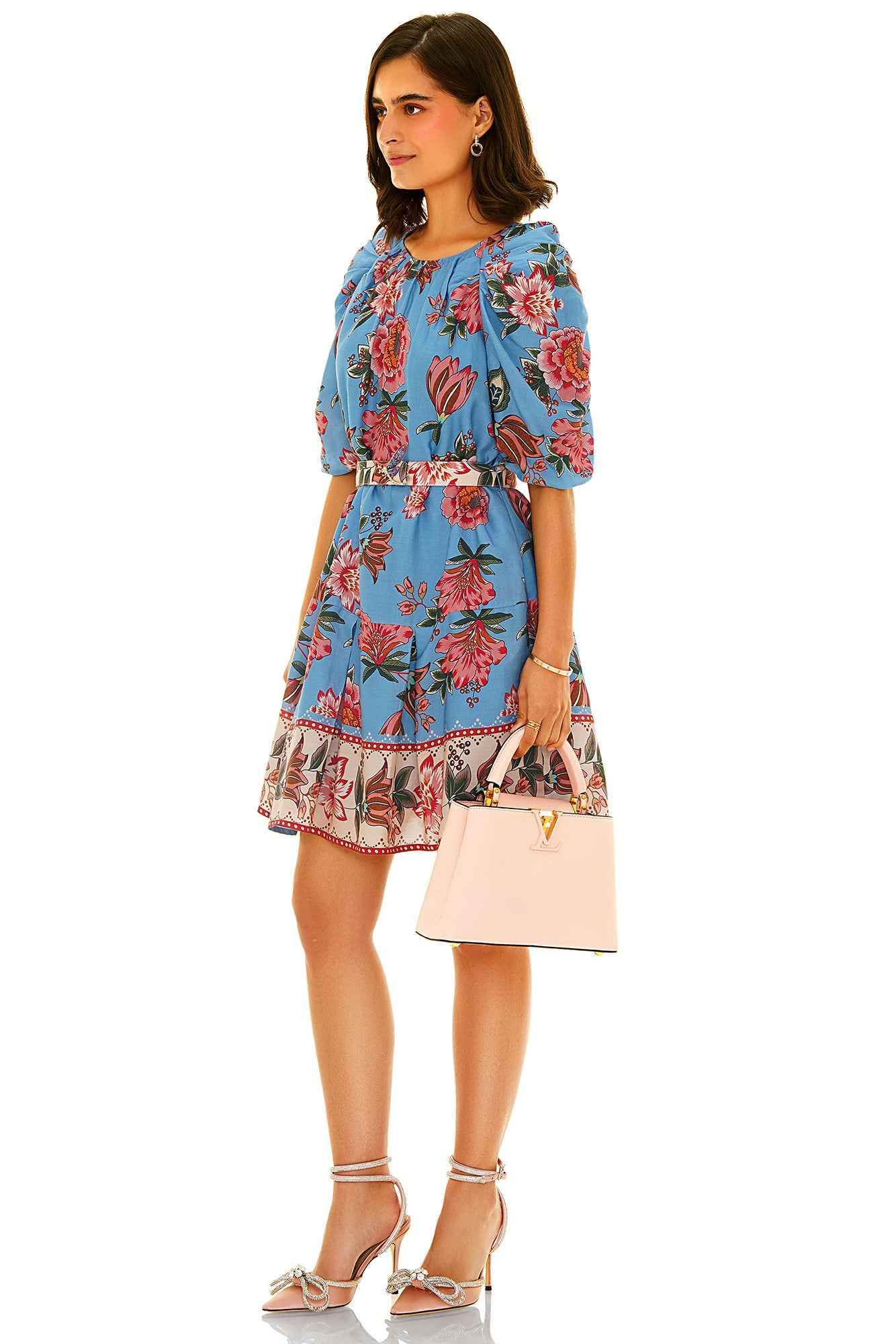 Pretty Pixie floral organic cotton dress with blue background and pink flower print, short puff sleeves