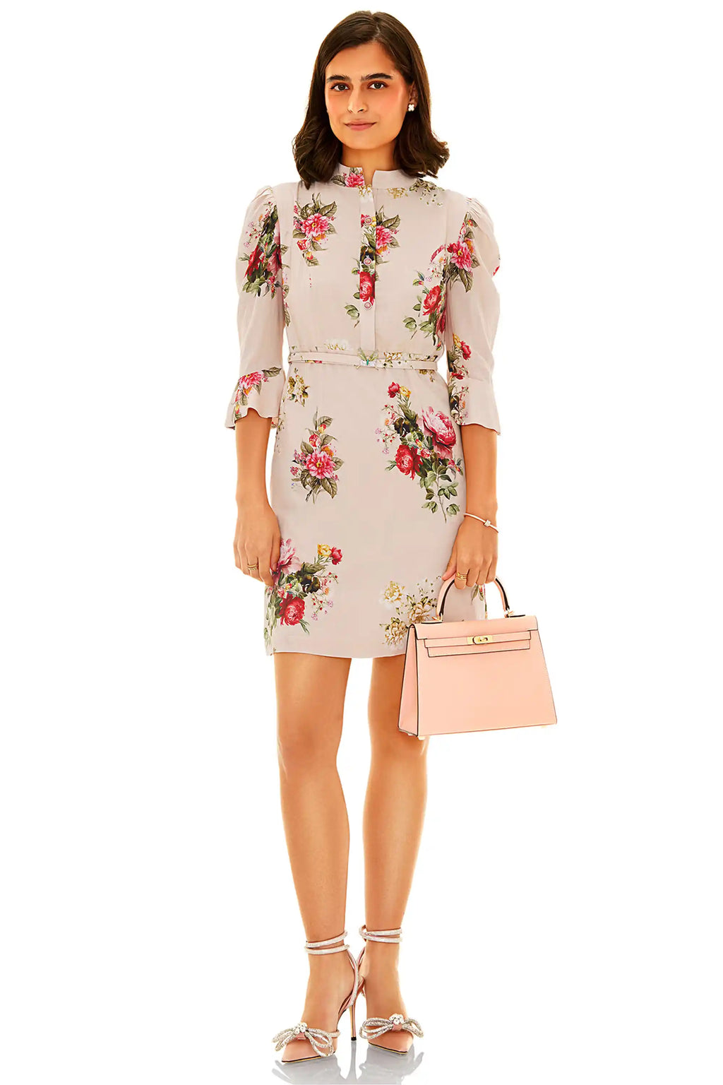 Floral print ivory mini dress front view with puff sleeves