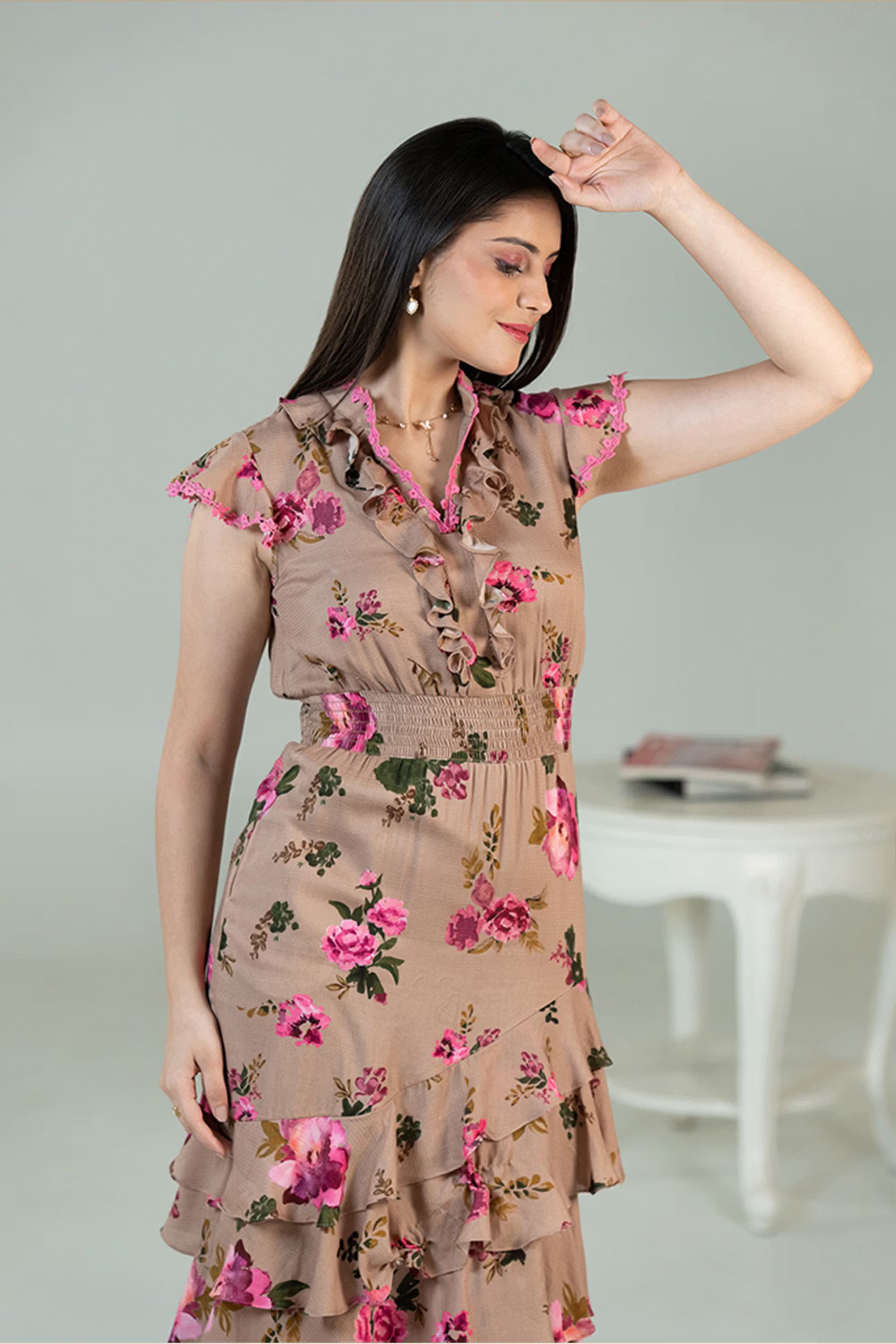 floral ruffle midi dress front view with pink rose print