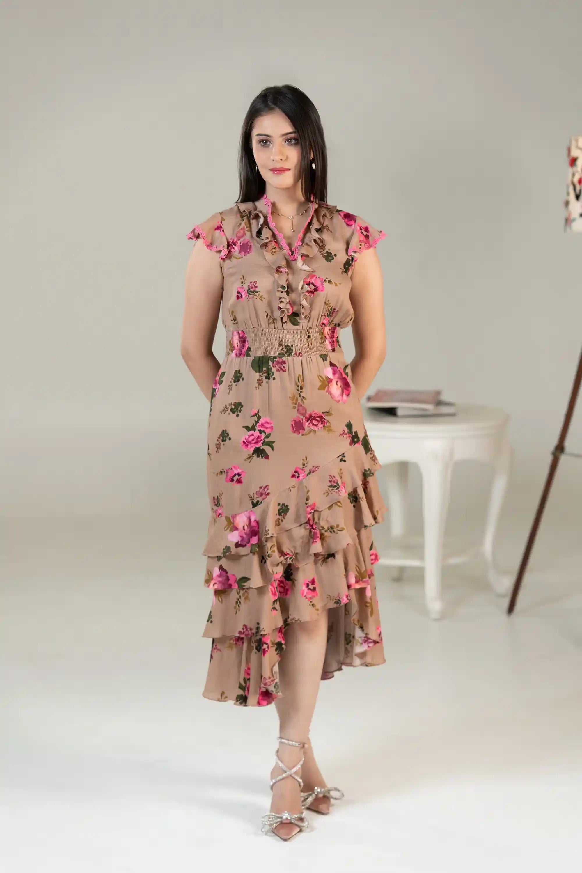 Full front pose of floral ruffle midi dress with layered skirt
