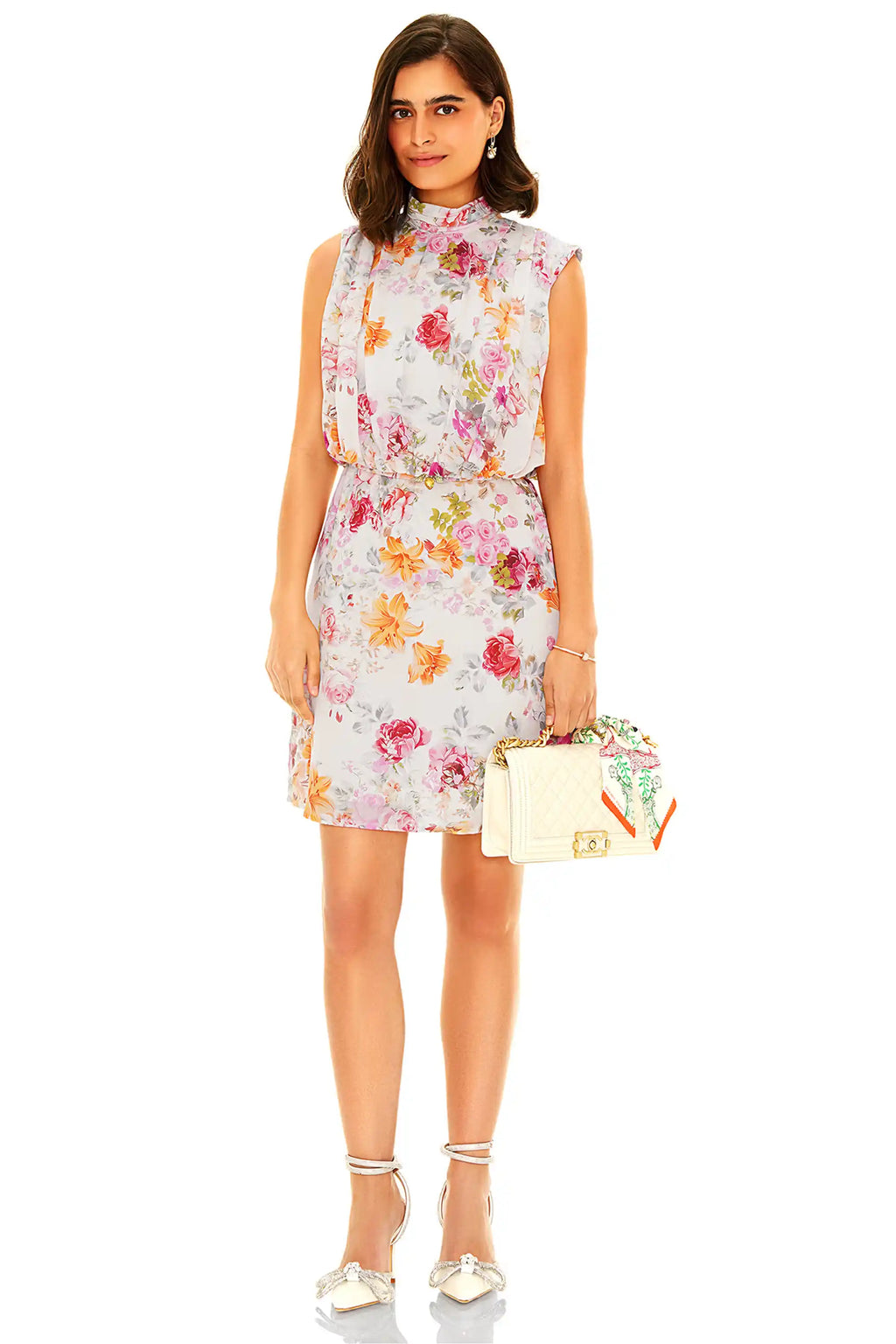 Sleeveless floral mini dress with high neck in pastel tones – front view
