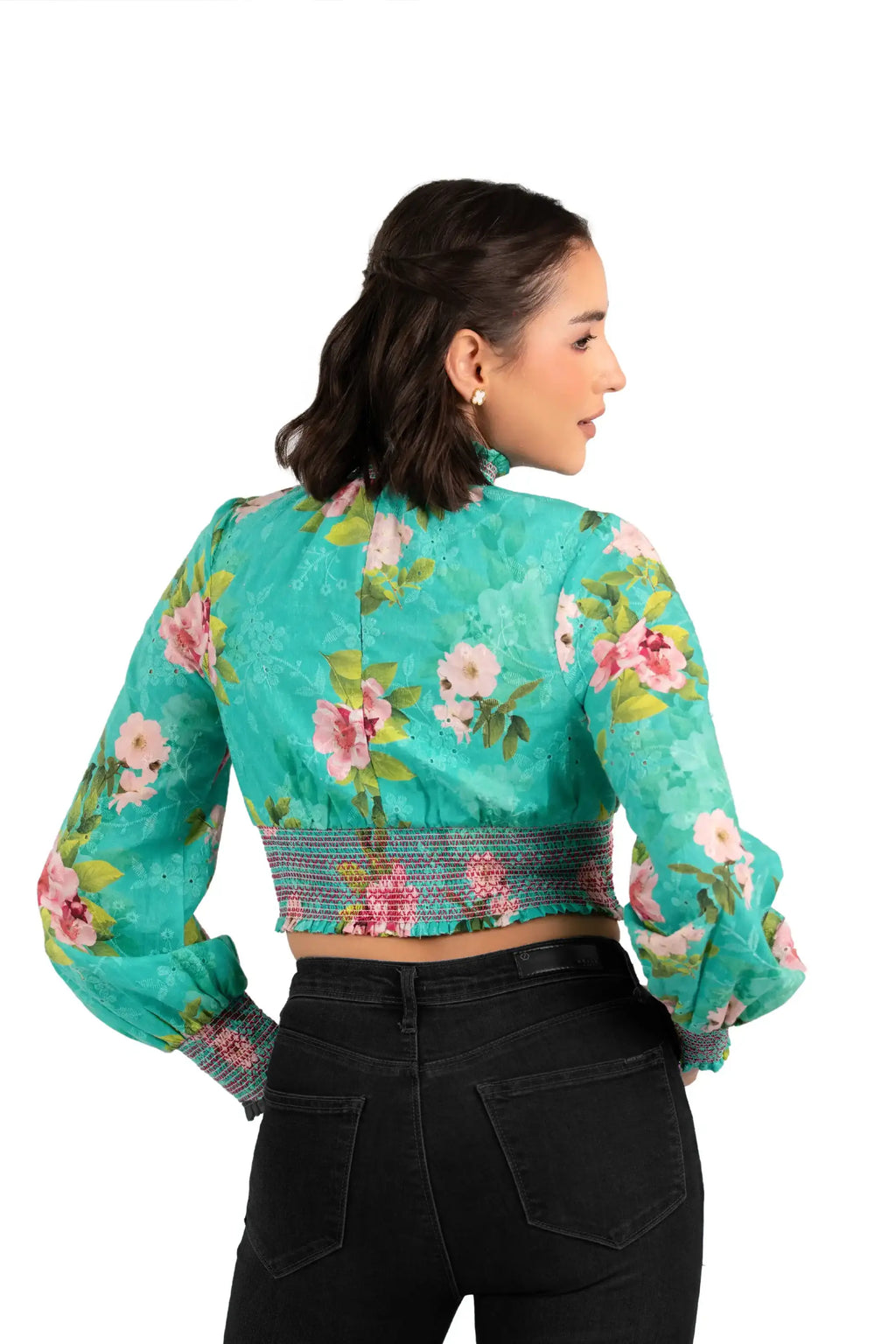 Back view of green floral smocked crop top for women, long sleeves, fresh summer fashion