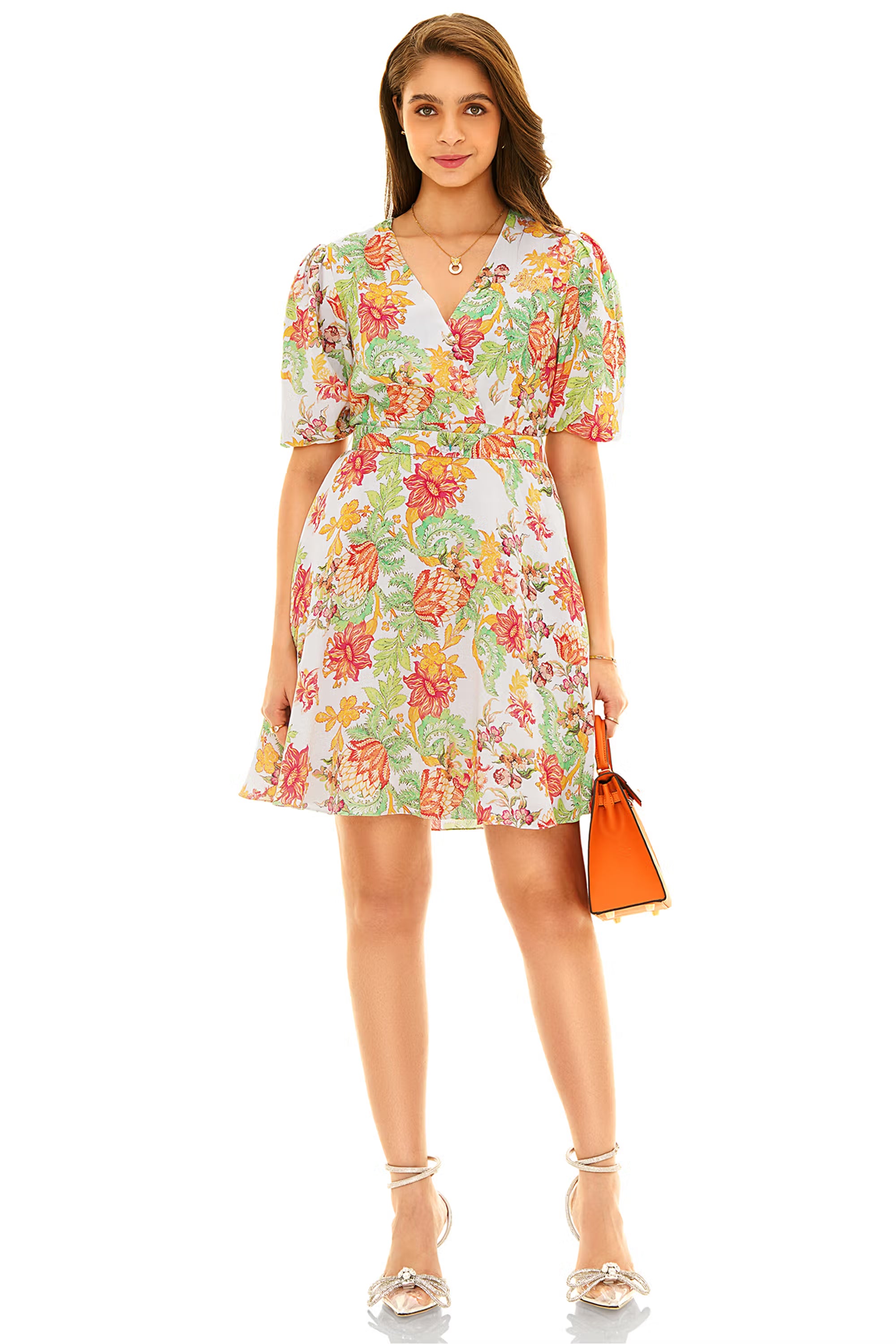 floral V-neck puff-sleeve mini dress with belted waist, front view