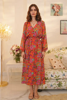 Fuchsia Paisley V-Neck Smocked Midi Dress