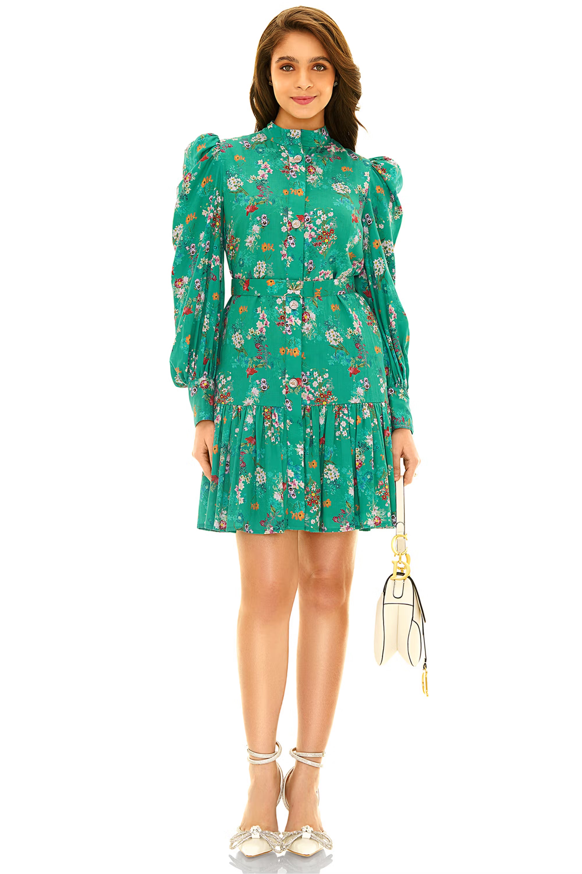 Green floral mini dress, puff sleeves, front
