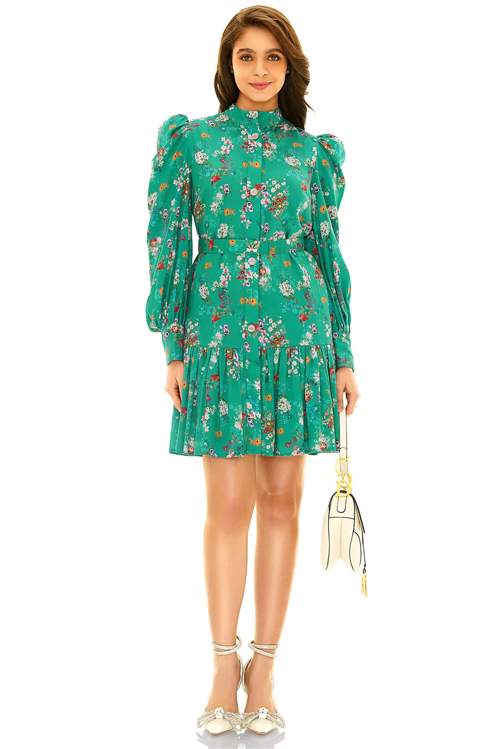 Green floral puff sleeve mini dress with belt and flared hem - front view
