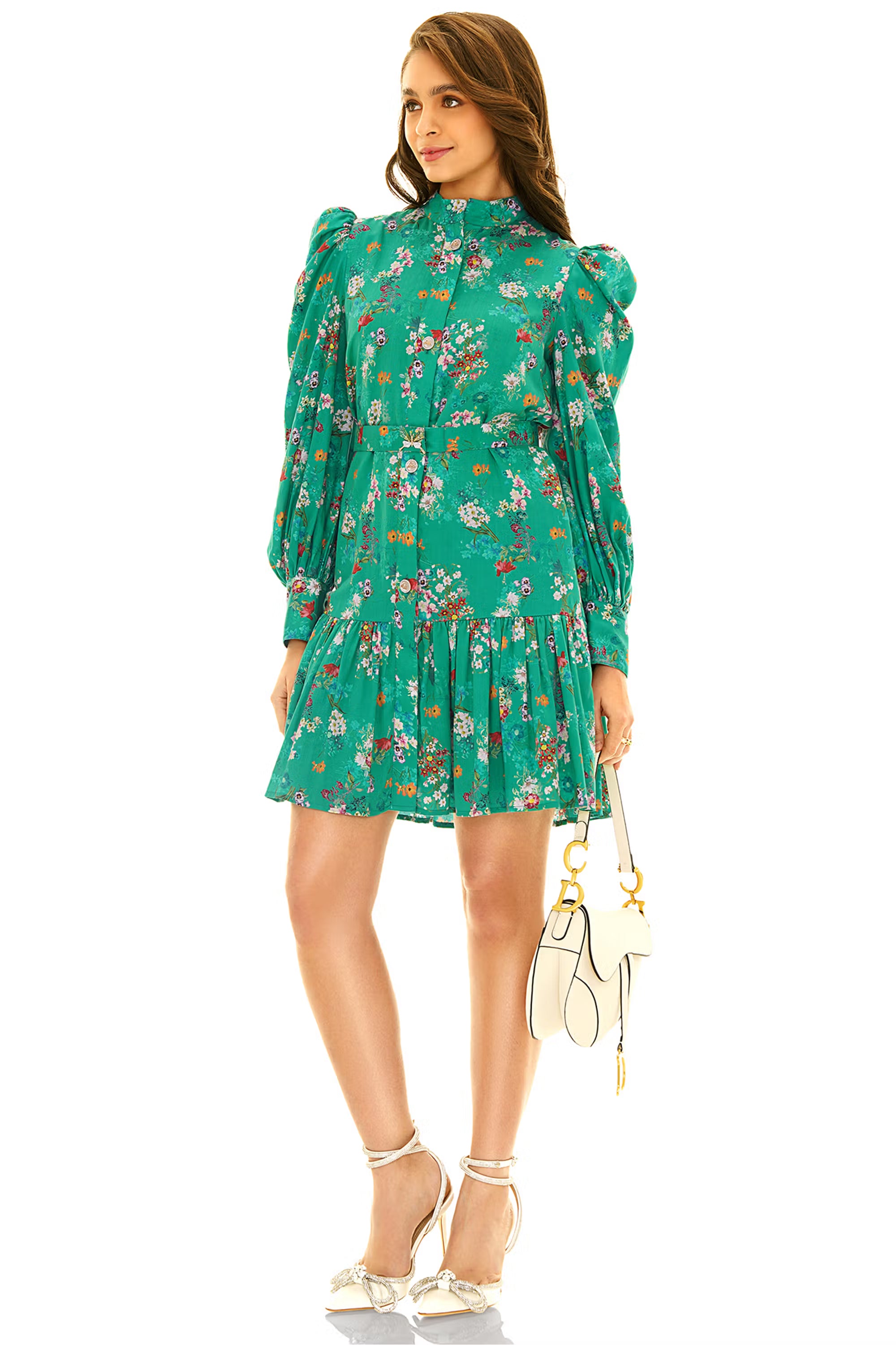 Green floral mini dress, puff sleeves, pose