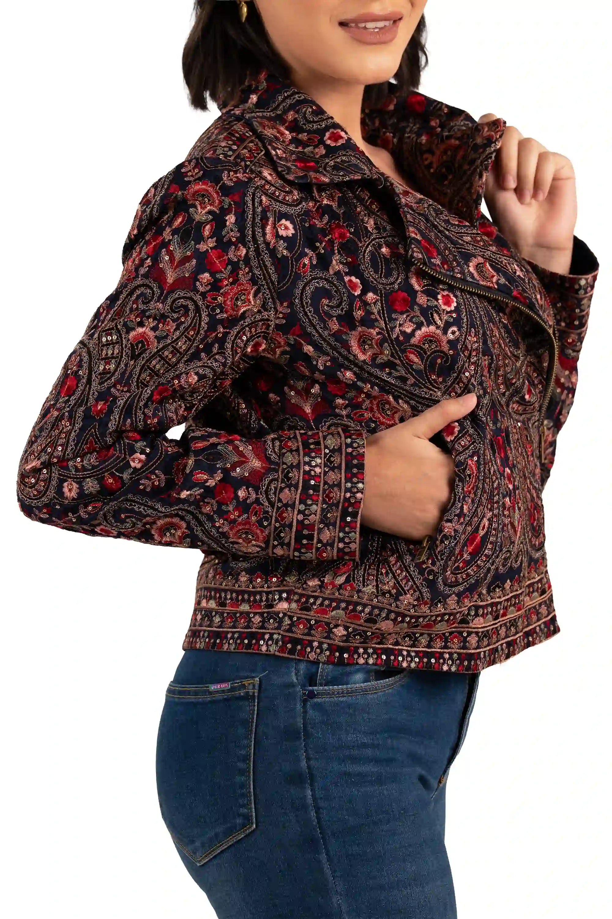 Pretty Pixie women’s ethnic paisley biker jacket, handcrafted embroidery on velvet fabric, perfect for Indo-western fashion looks.
