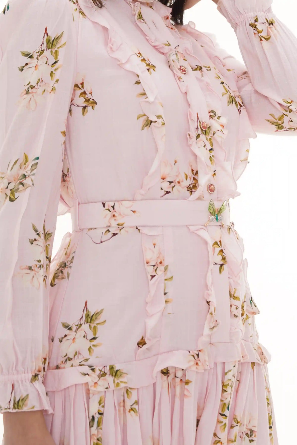 Close-up of Pretty Pixie Hannah ruffled pink floral belted mini dress