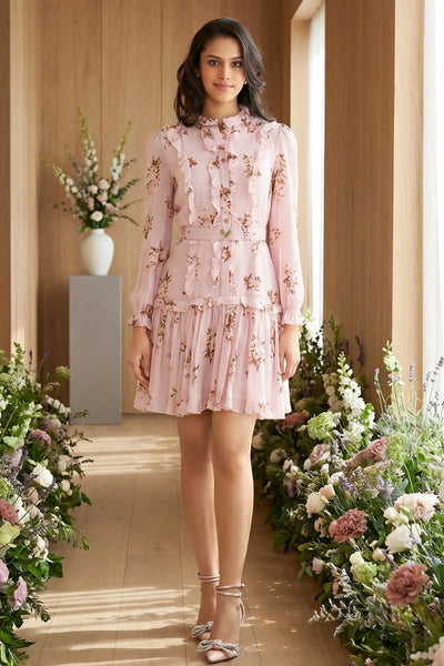 Hannah Ruffled Pink Floral Belted Mini Dress