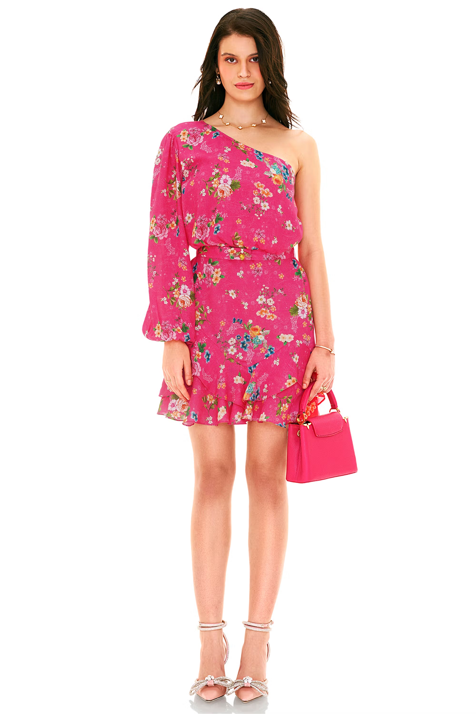 Hot pink floral one-shoulder ruffle mini dress with belted waist, front view