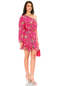 Hot pink floral one shoulder ruffle mini dress side profile