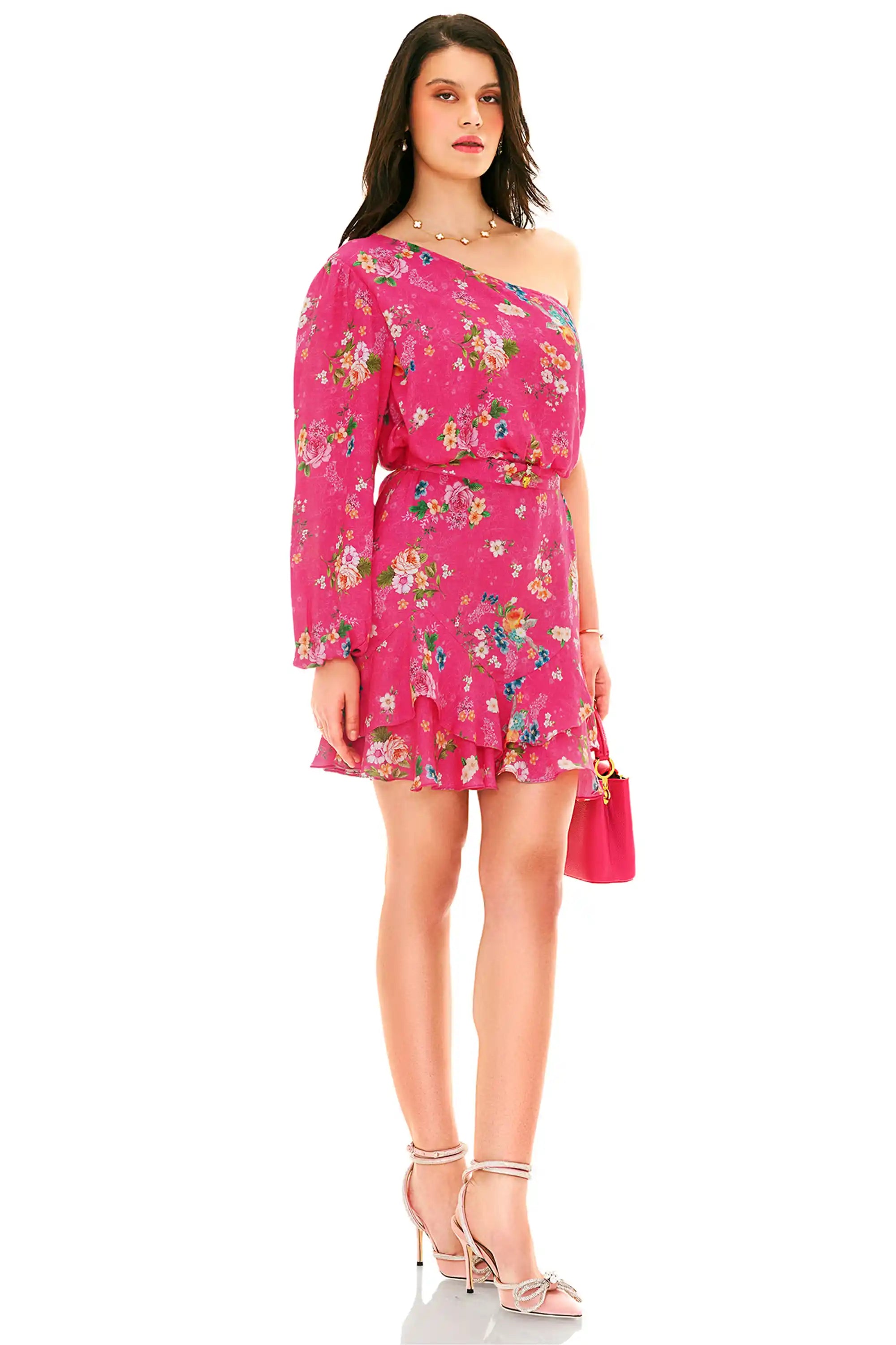 Hot pink floral one shoulder ruffle mini dress side profile