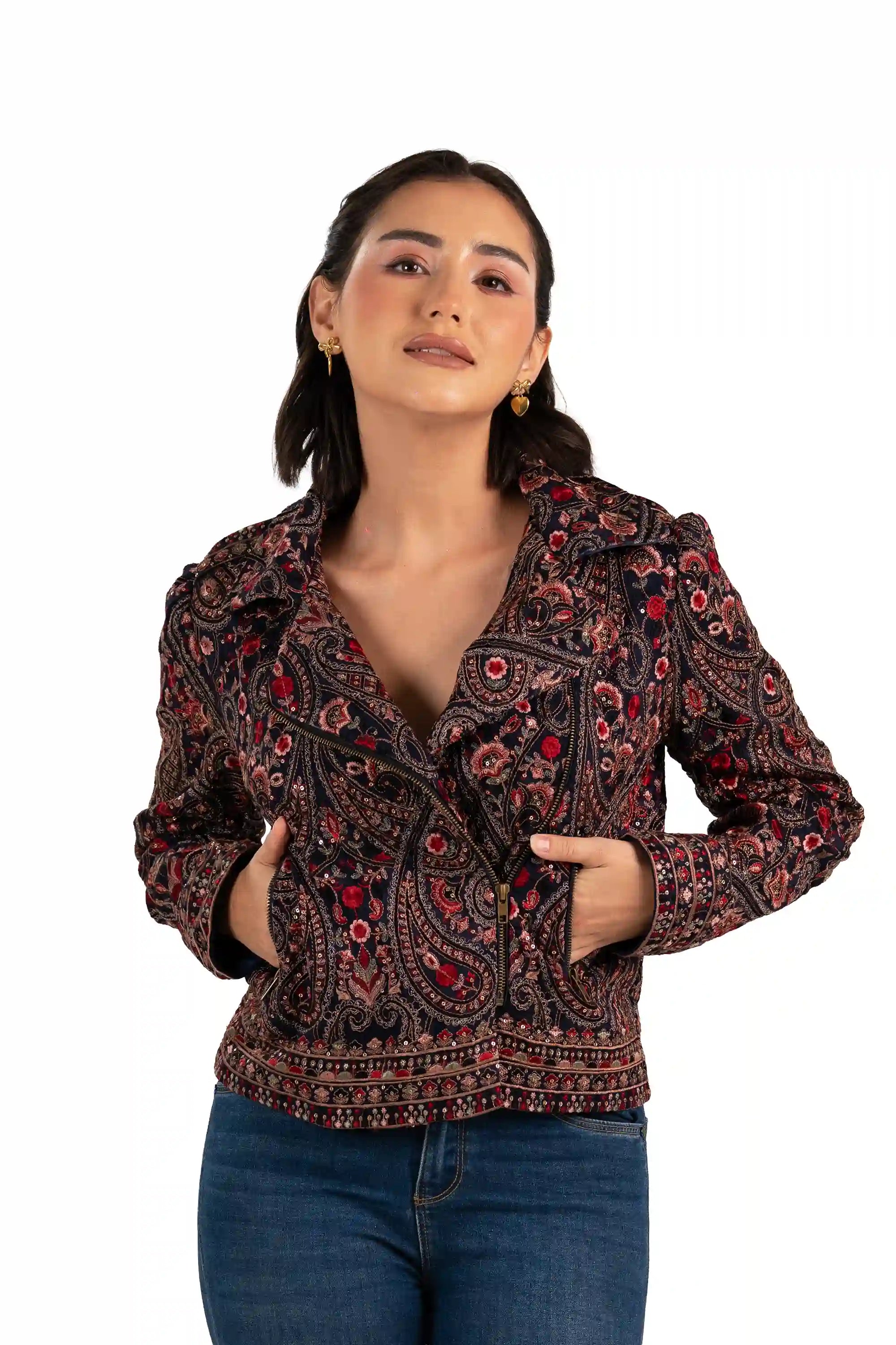 Hand-embroidered bohemian paisley jacket for women, short length, stylish festive wear by Pretty Pixie India.