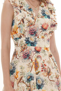 Close-up of Pretty Pixie ivory botanical floral sleeveless tiered mini dress