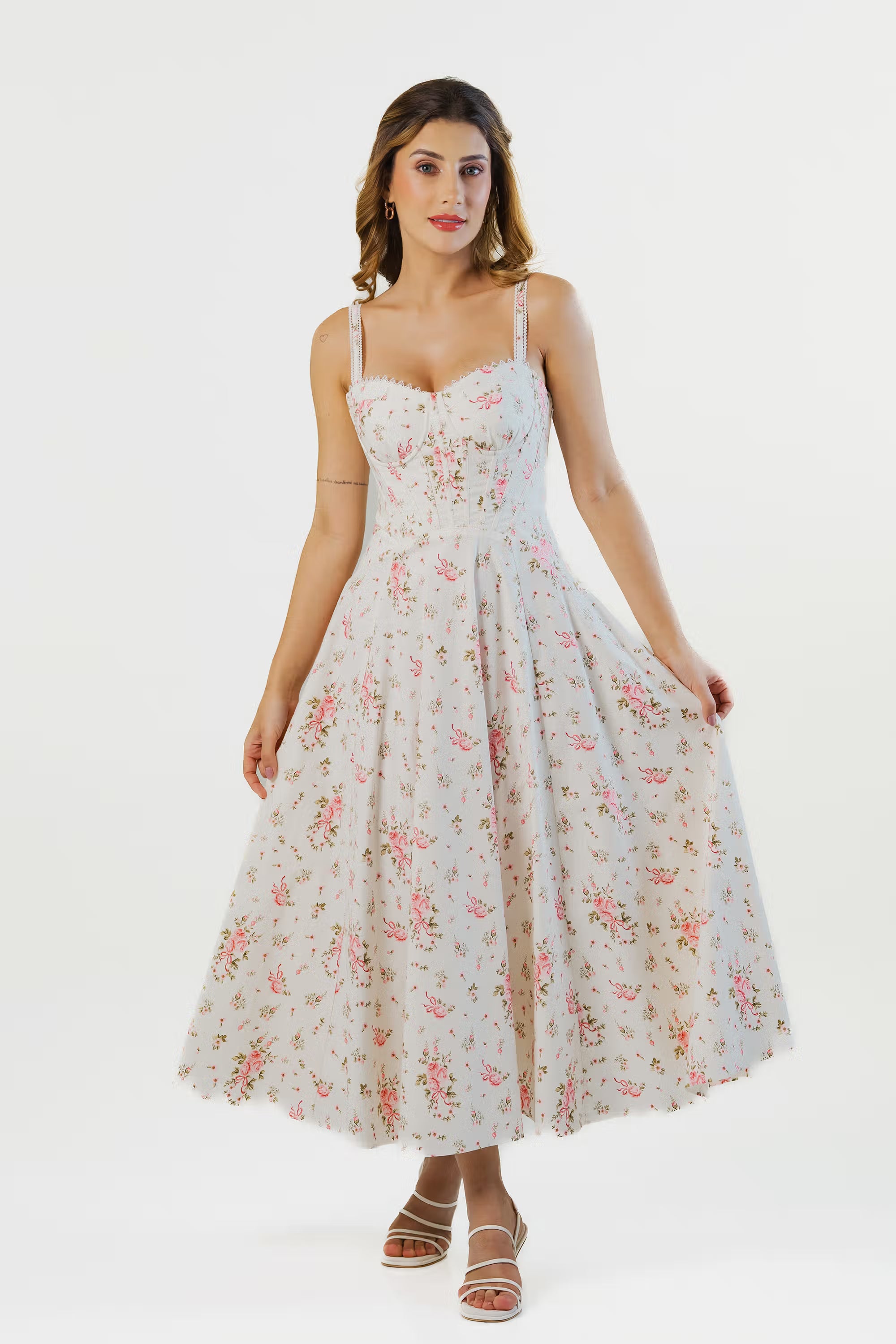 Ivory floral corset midi dress front view with sweetheart neckline and fitted bodice
