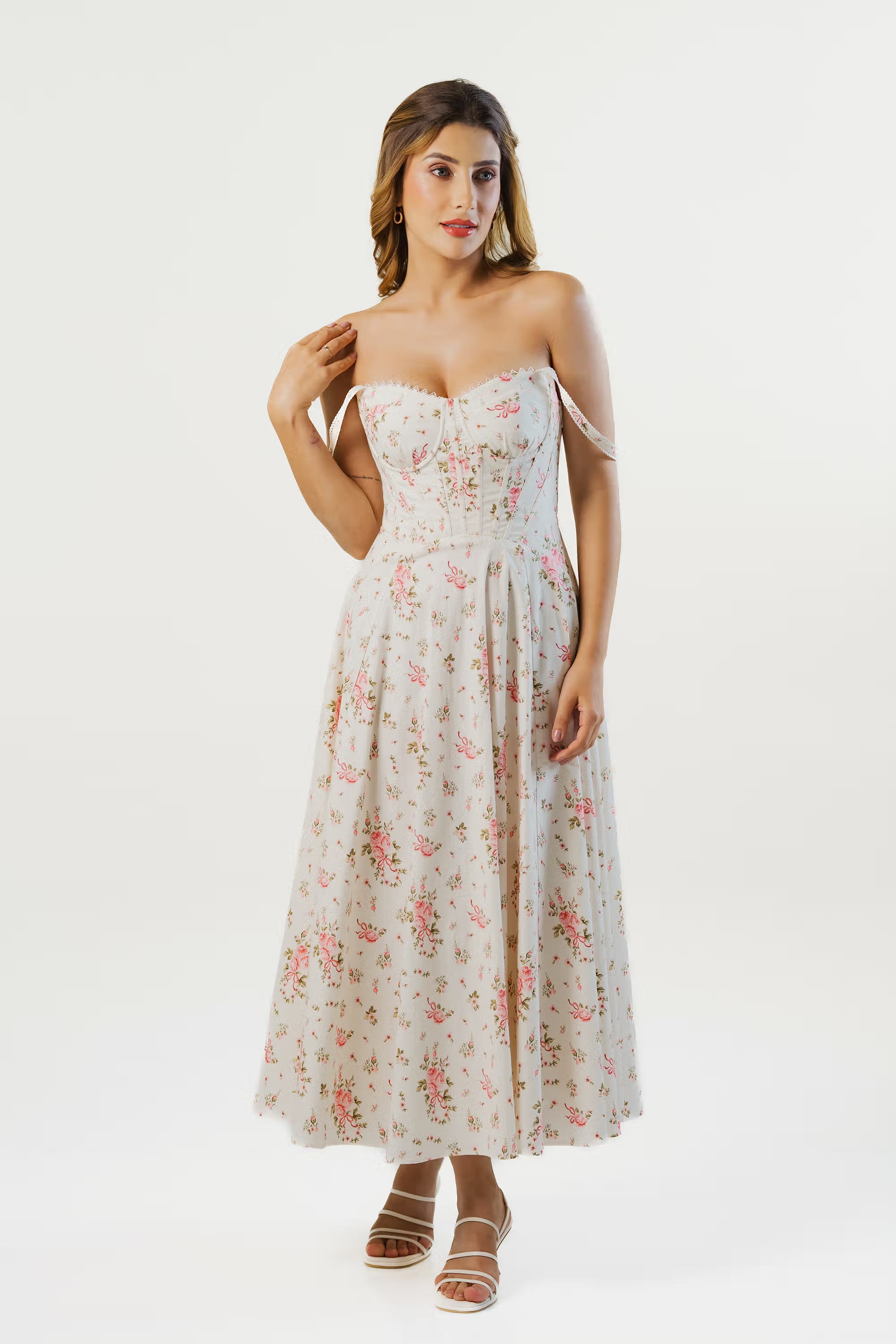 Ivory floral corset midi dress styled off-shoulder for romantic and feminine look