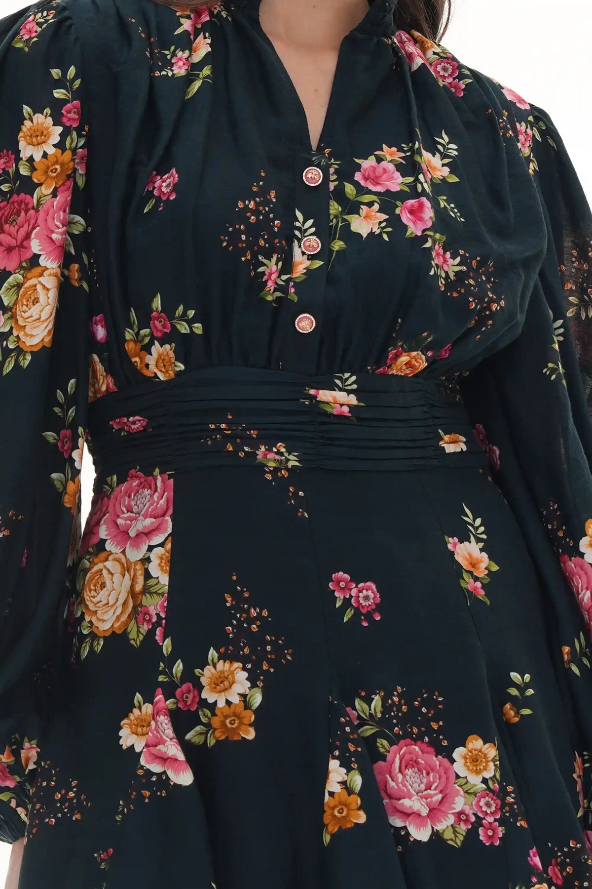 Close-up of Pretty Pixie ivory floral lace-panel belted shirt midi dress