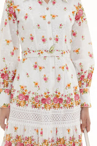 Close-up of Pretty Pixie ivory floral lace-panel belted shirt midi dress, fabric detail