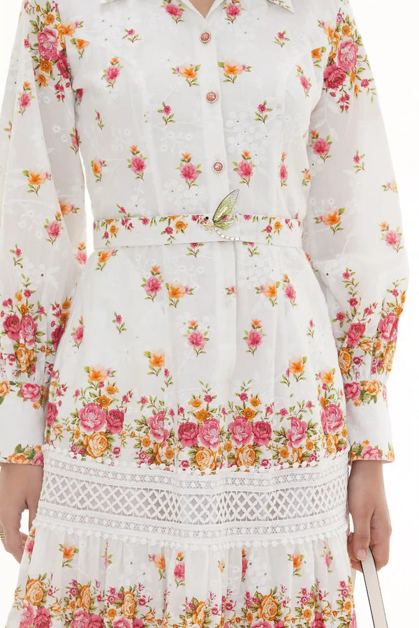 Close-up of Pretty Pixie ivory floral lace-panel belted shirt midi dress, fabric detail