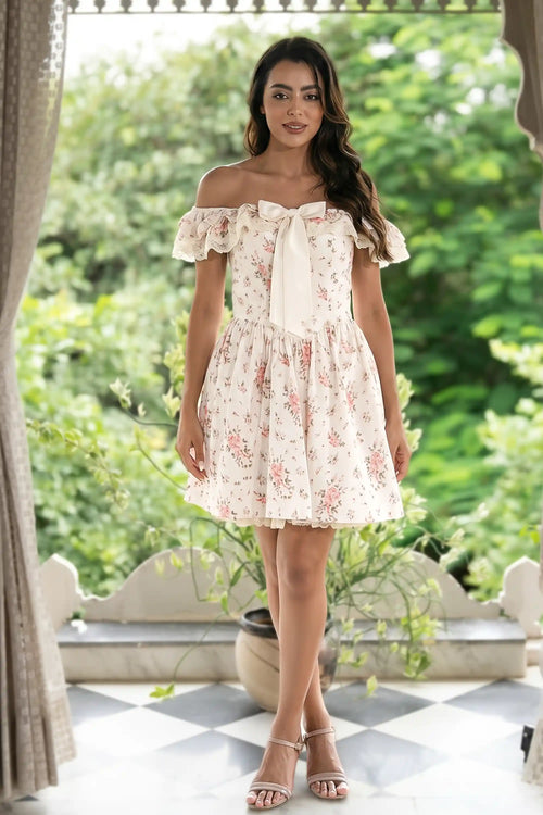 Ivory Floral Lace Trim Off-Shoulder Mini Dress