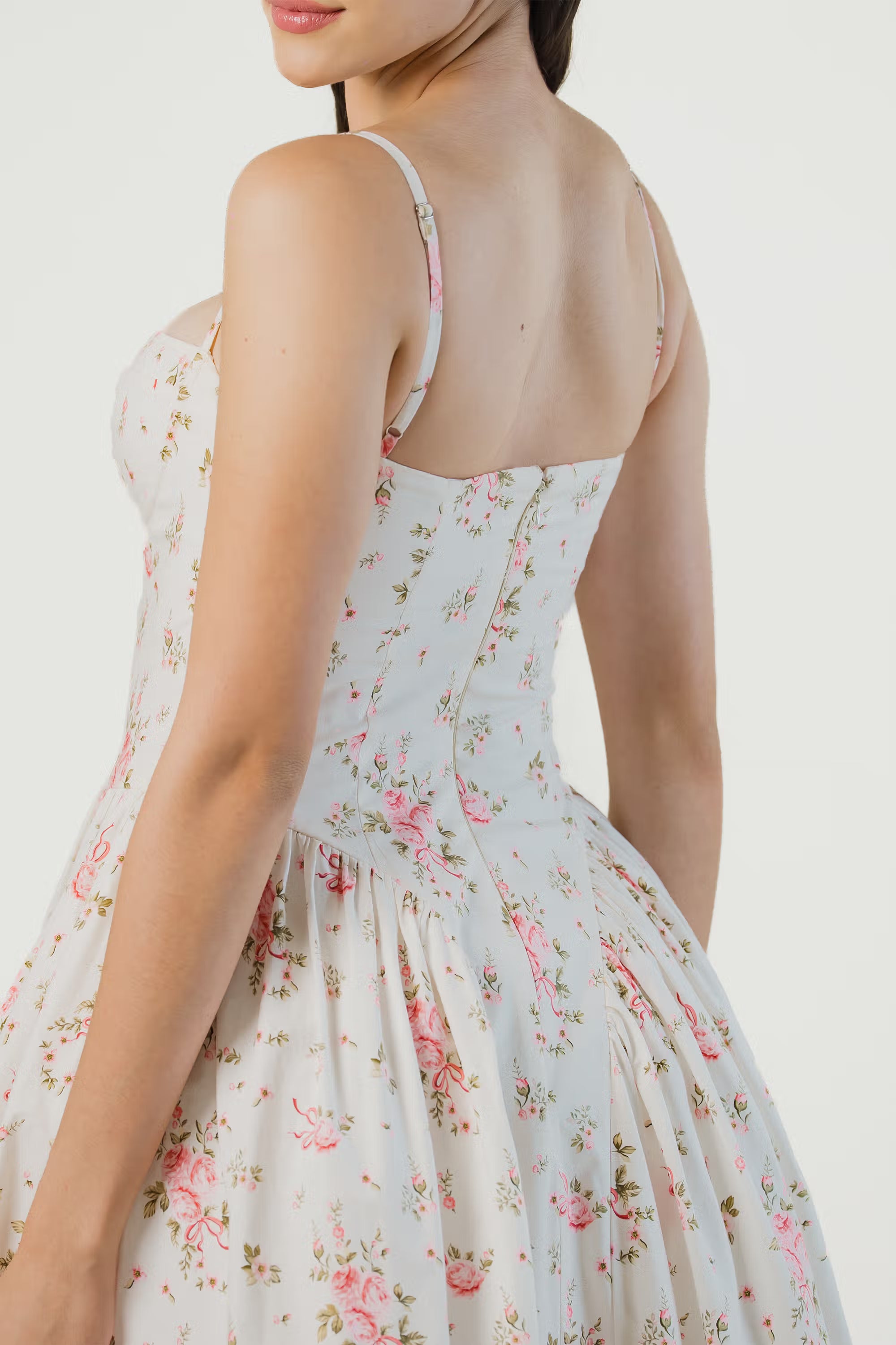 Ivory floral midi dress, back view, fitted bodice, thin straps.