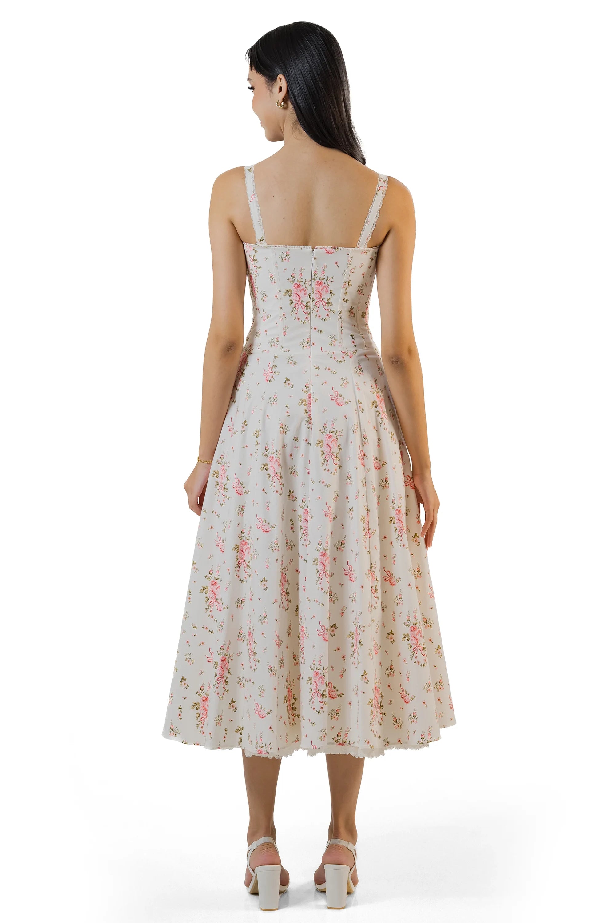Back view of ivory floral midi dress with pink rose print, sleeveless summer outfit for women.