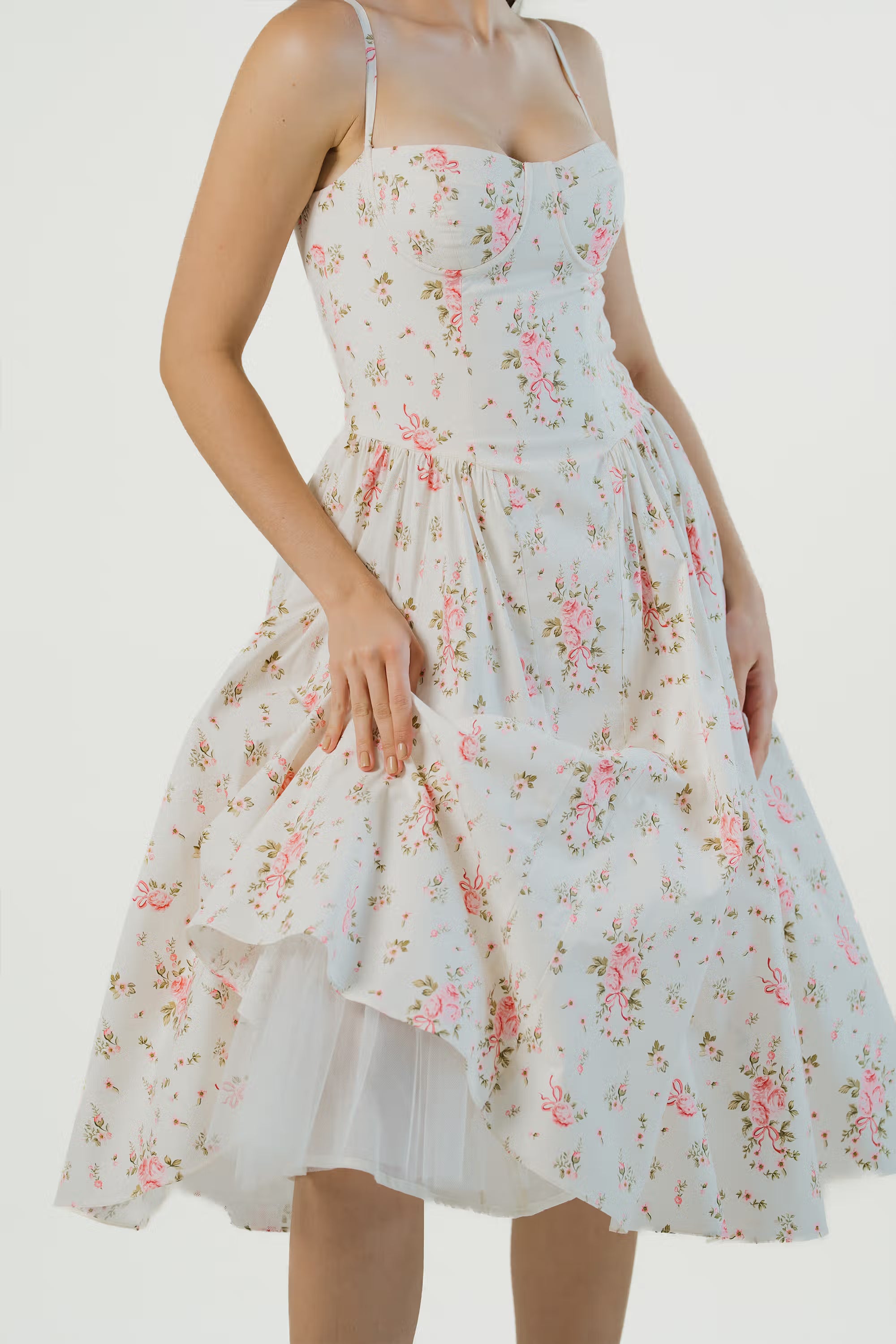 Ivory floral midi dress close-up, flared skirt, pink flower print.