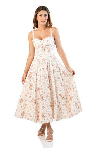 Ivory Floral Bustier Midi Dress — white monochromatic floral trend 2026 Pretty Pixie